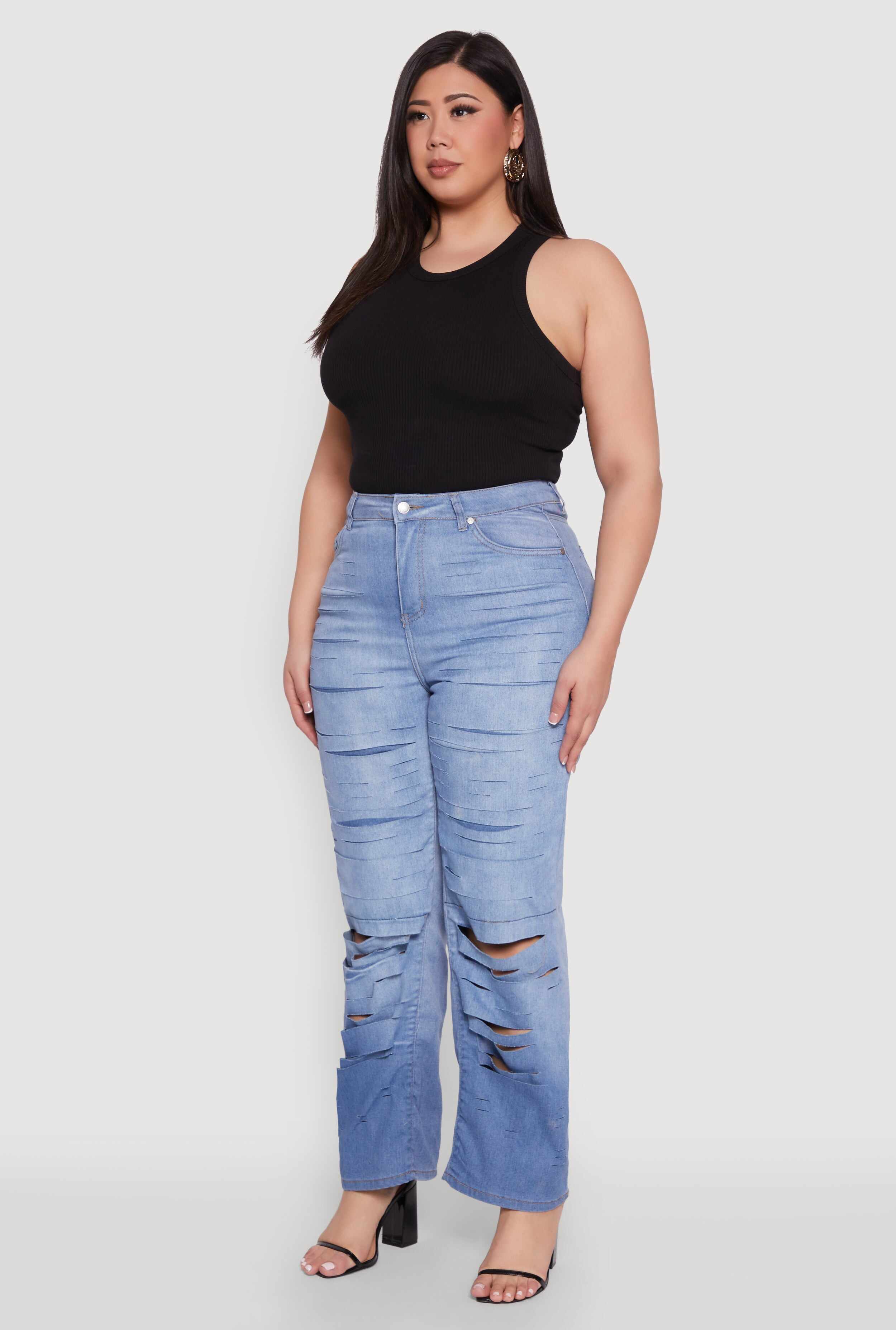 Plus Size Slashed Straight Leg Ombre Jeans