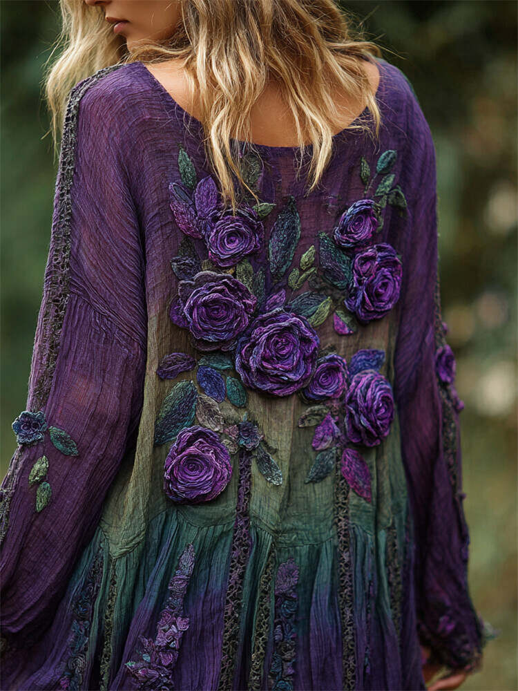 Vintage Purple Roses Lace Embroidered Forest Gradient Linen Tunic