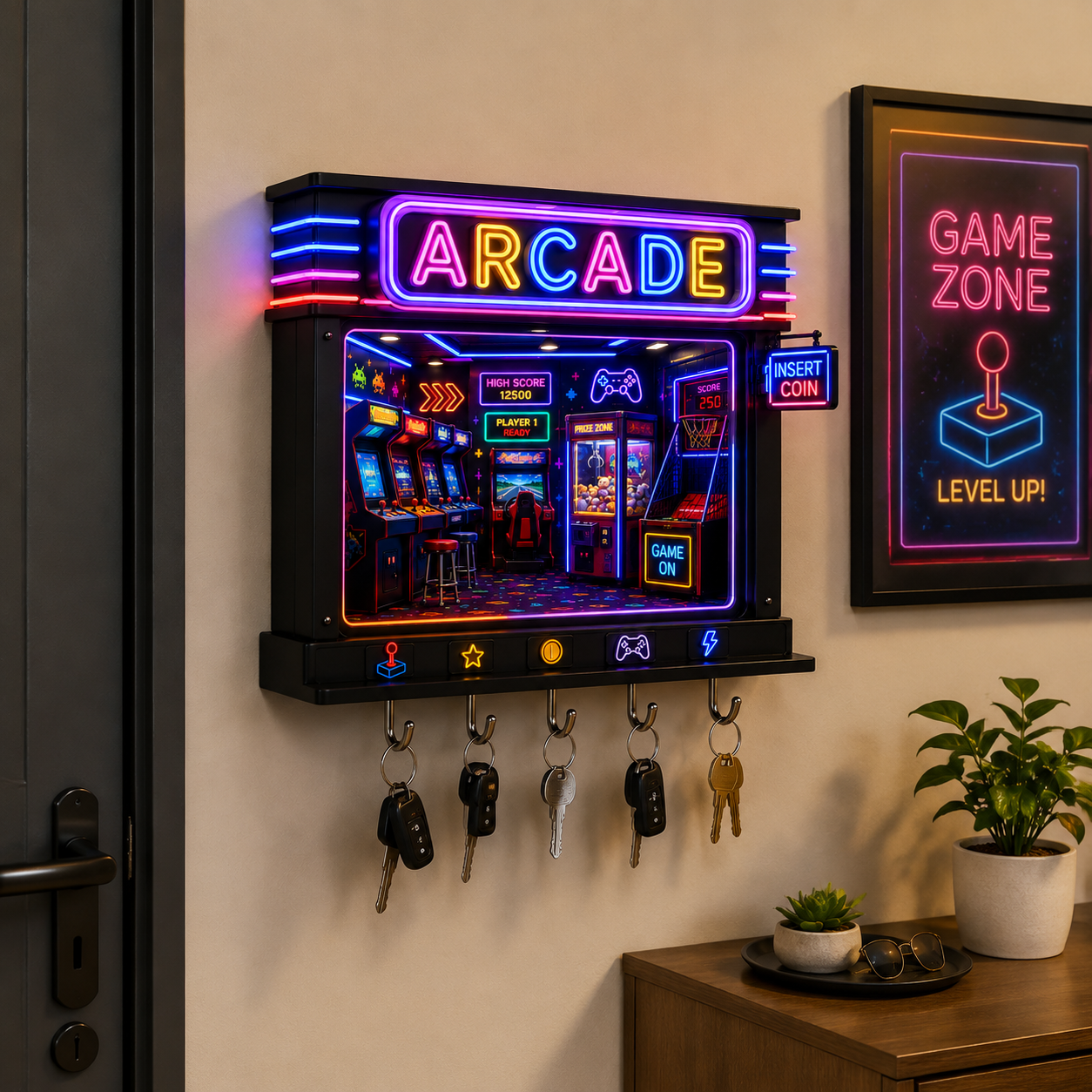 Arcade-themed light-up key holder