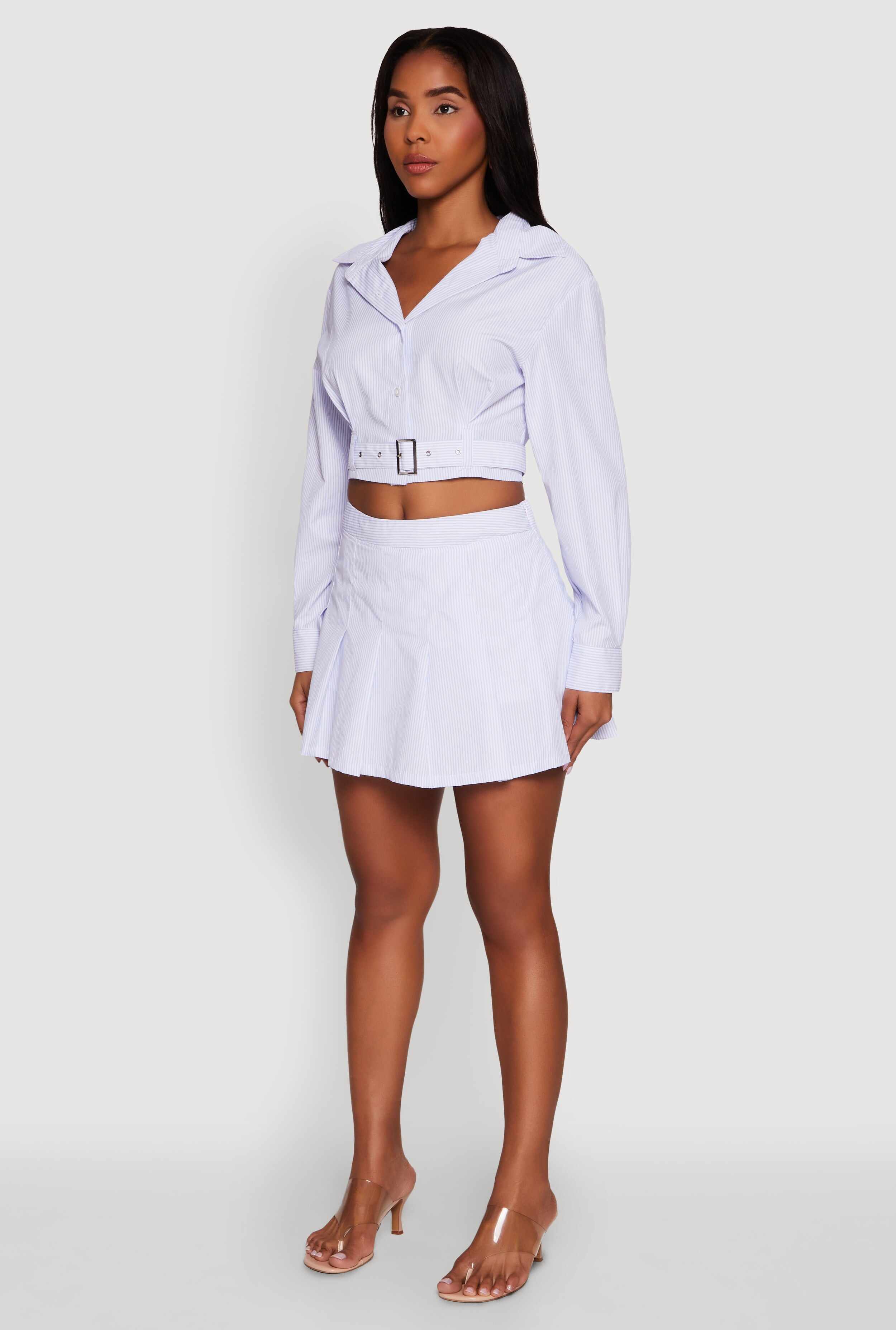 Striped Cropped Button Front Shirt with Belt