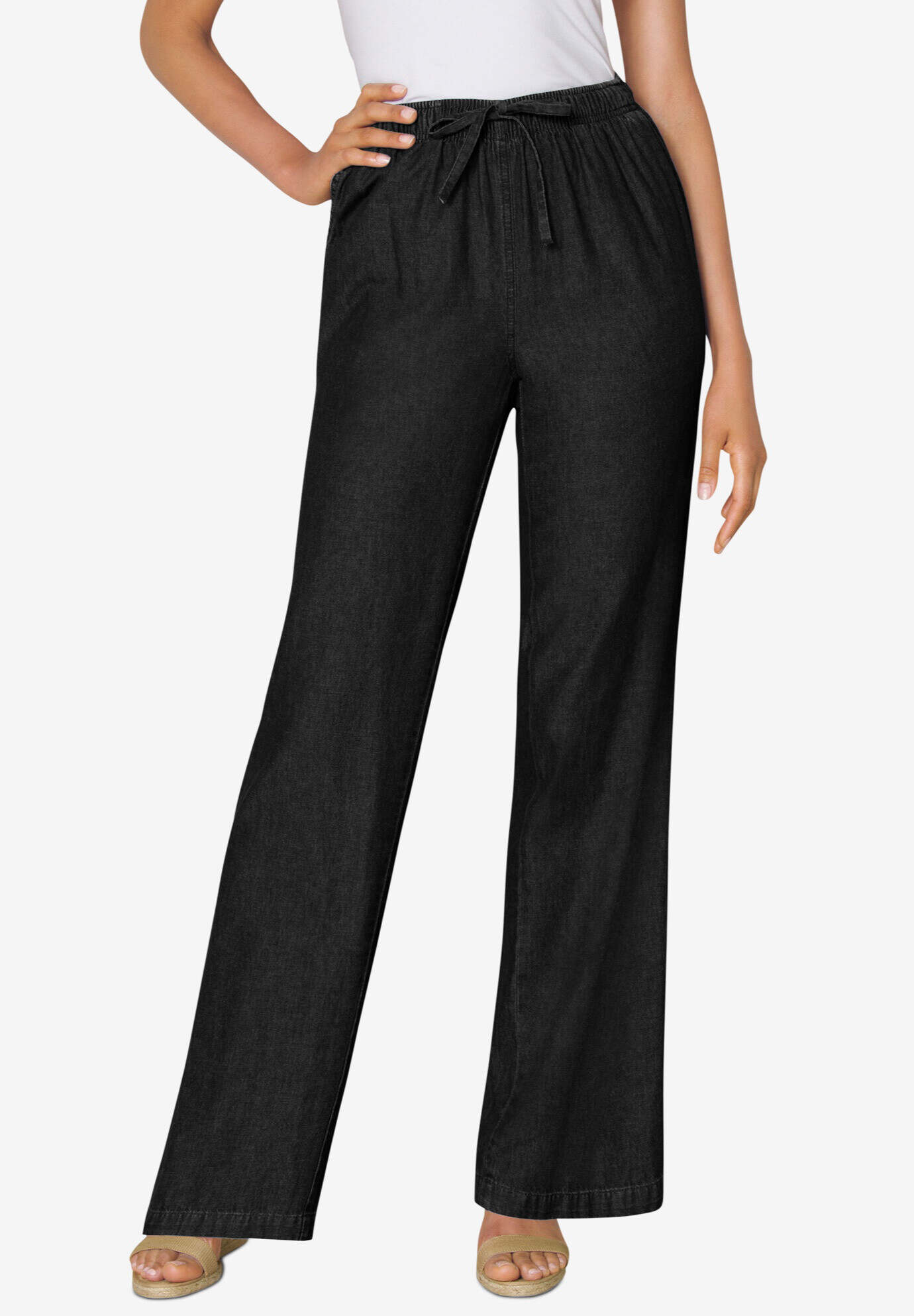 Drawstring Denim Wide-Leg Pant