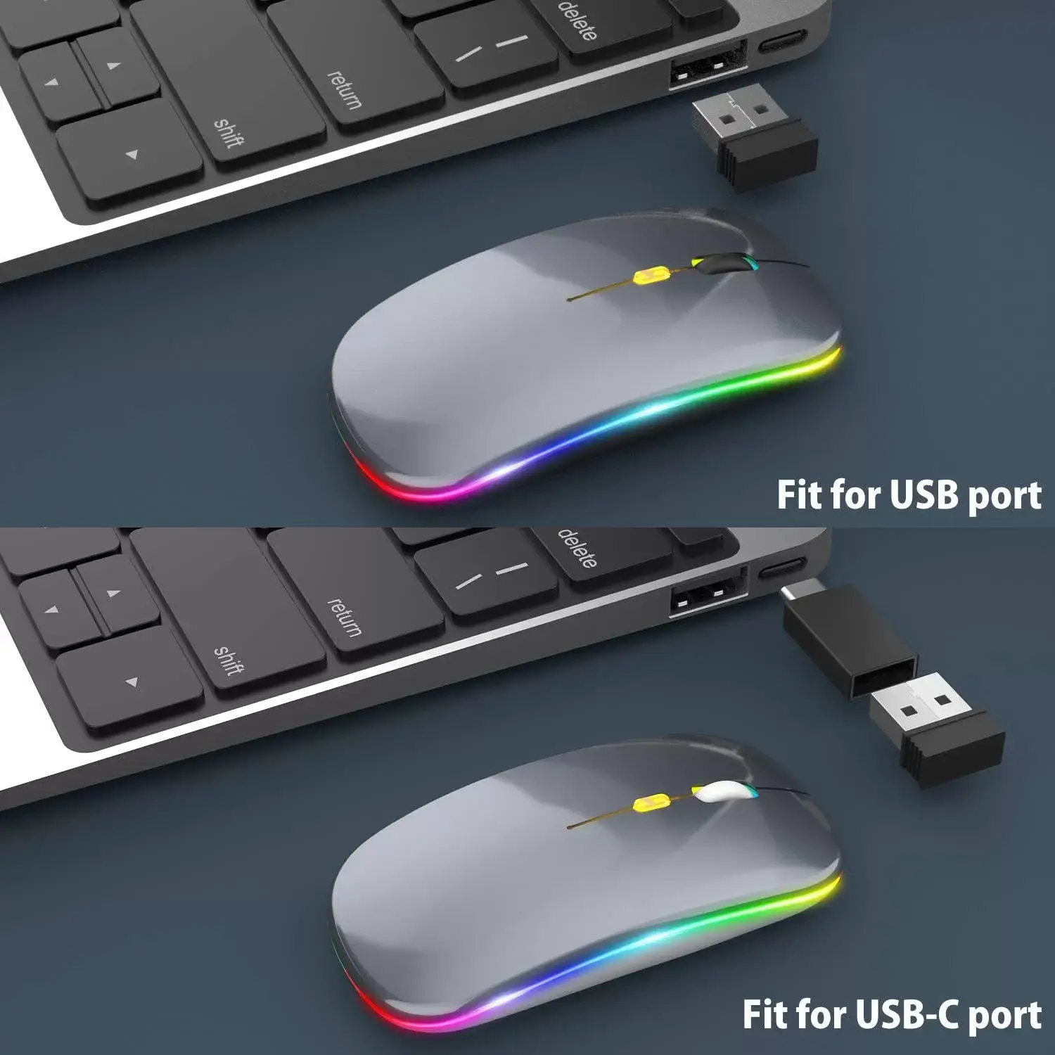 [Upgrade] LED Wireless Mouse, Slim Silent Mouse 2.4G Portable Mobile Optical Office Mouse with USB & Type-c Receiver, 3 Adjustable DPI Levels for Notebook, PC, Laptop, Computer, MacBook (Pink)
