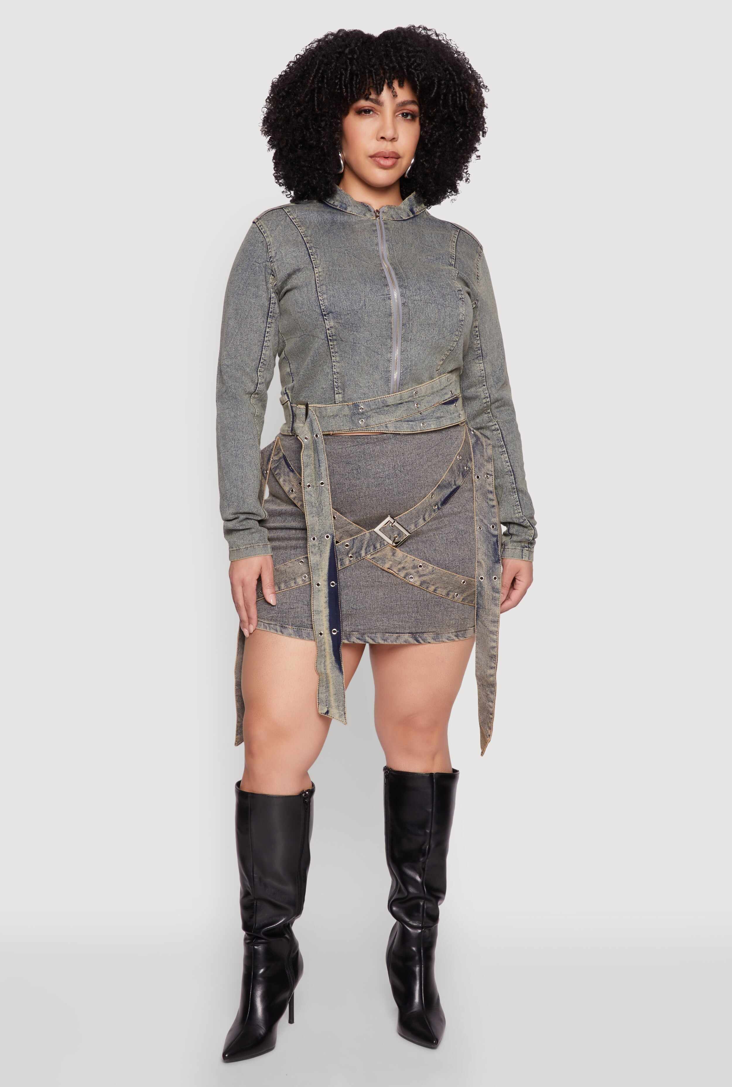 Plus Size Mineral Wash Buckle Strap Mini Skirt