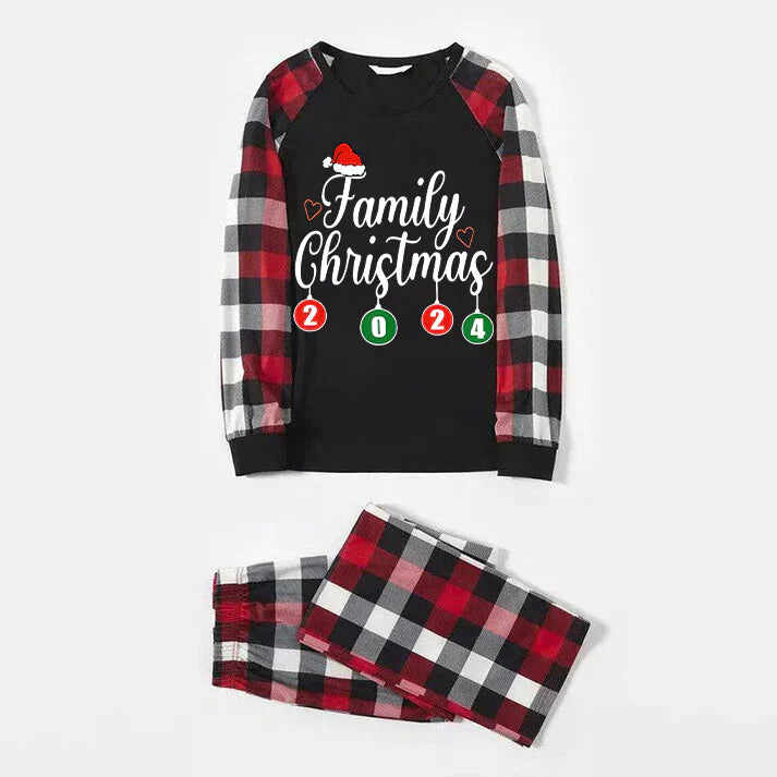 2024 New Christmas Black Stripe Gingham Patchwork Print Family Set