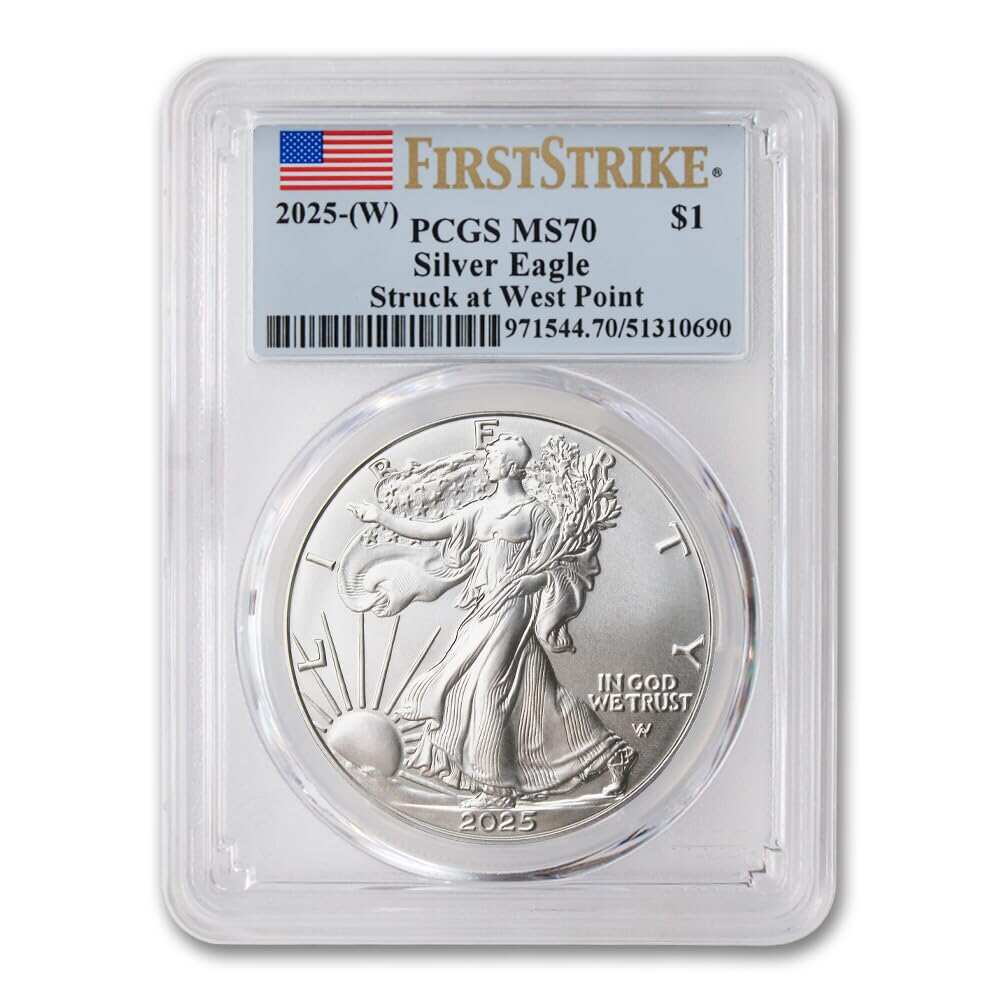 2025 1 oz American Silver Eagle MS70 (First Strike, Struck at West Point, Flag Label)