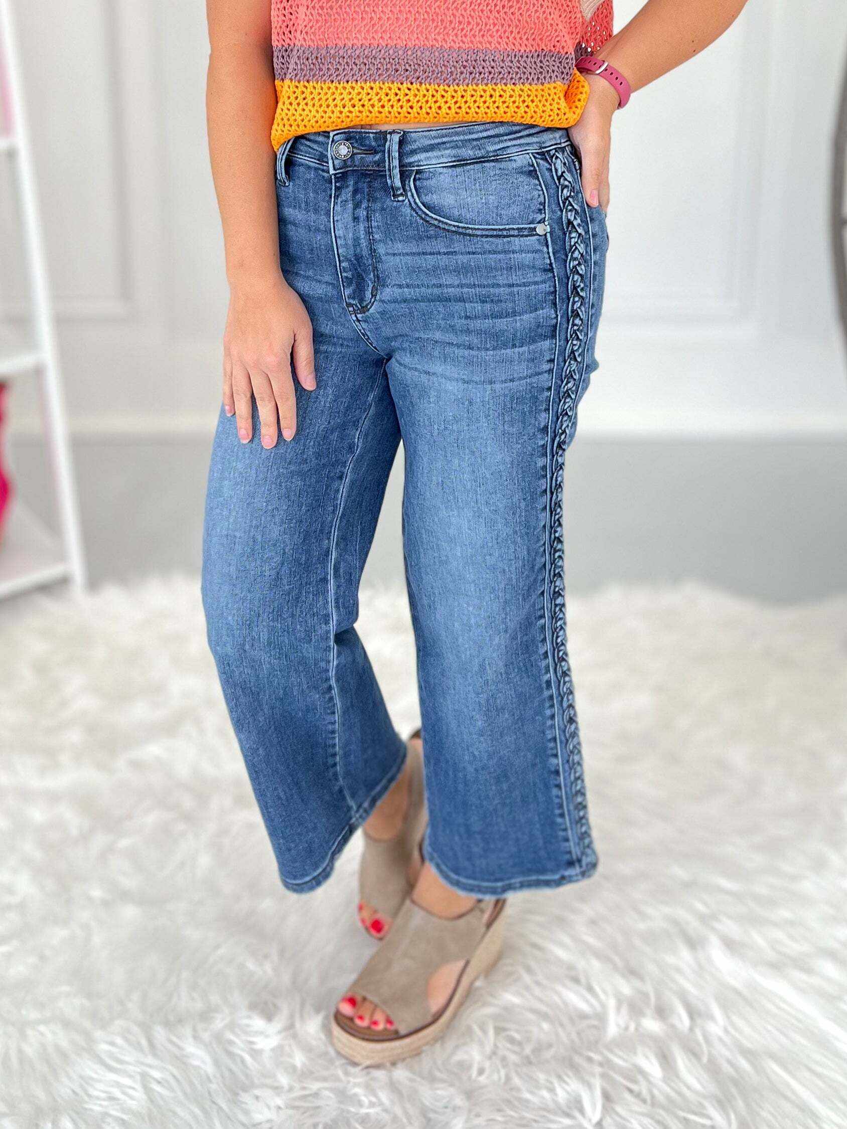 Boho Blues - Christmas Braided Sideseam Cropped Wide Leg Jeans- Final Sale