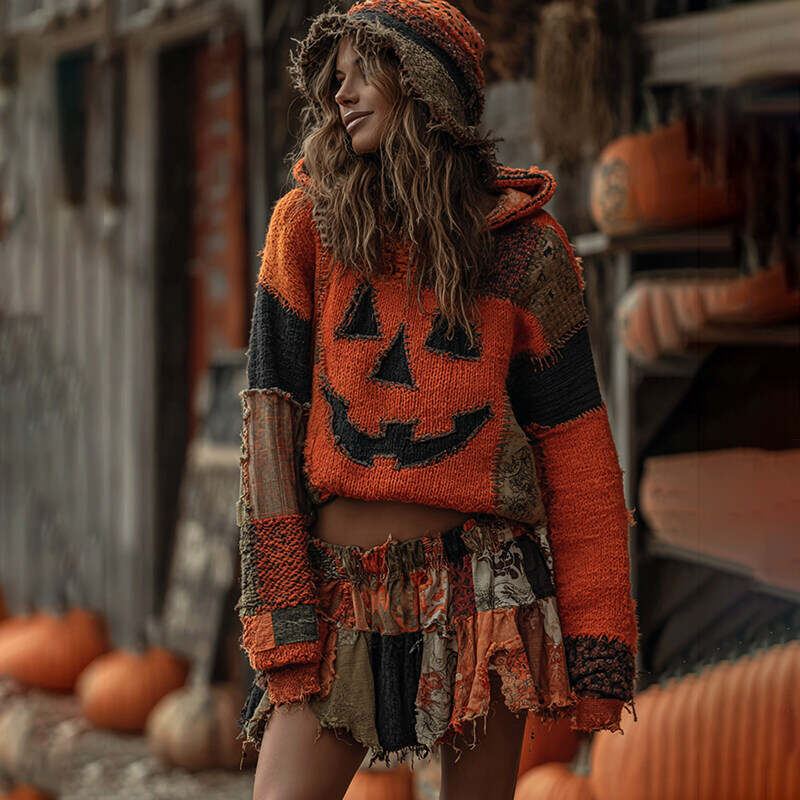 Halloween Pumpkin Face Art Cozy Knit Hooded Sweater