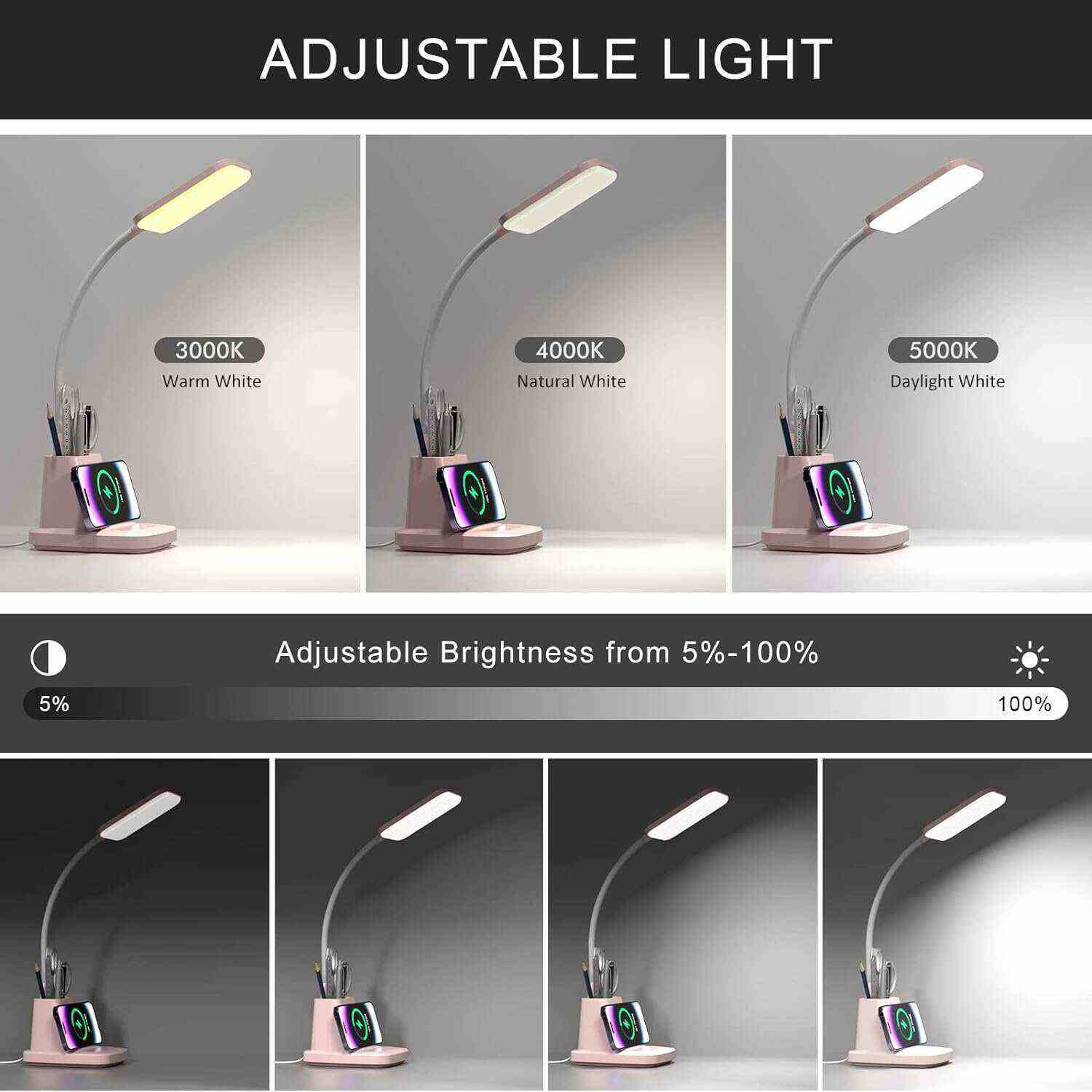 Desk Lamp with Wireless Charger, LED Desk Lamps for Home Office, 800 Lumens, Small Desk Lamp with Pen Holder, Flexible Arm, 3 Modes, Dimming, Touch Lamp for College Dorm Room