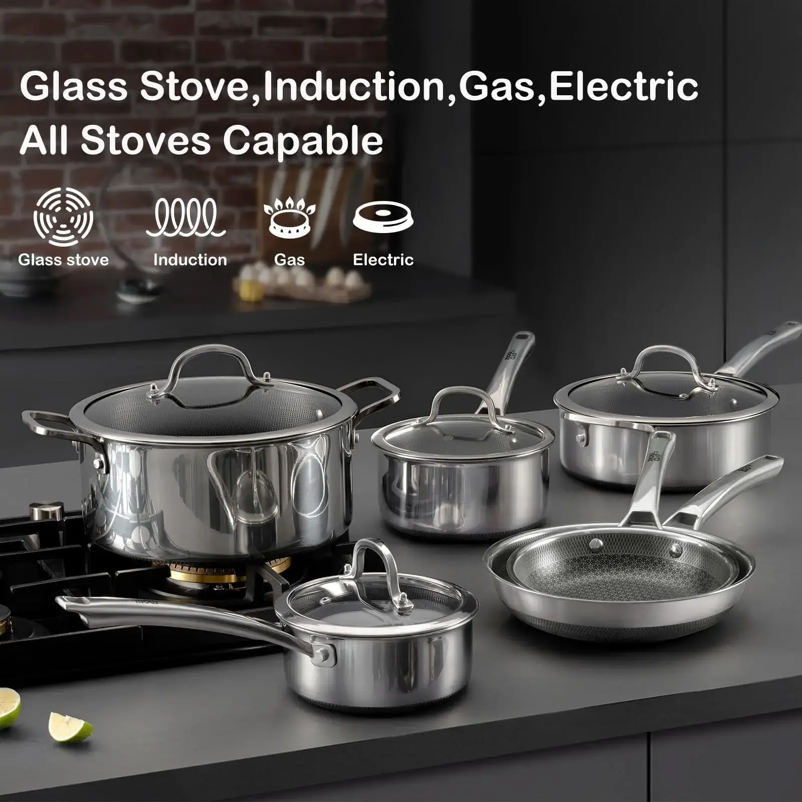 10-Pcs / 14-Pcs Hybrid Cookware Set – Nonstick Stainless Steel Pots and Pans Set, Induction Ready Frying Pans, Saucepans, Saute Pan & Stock Pot, PFOA Free