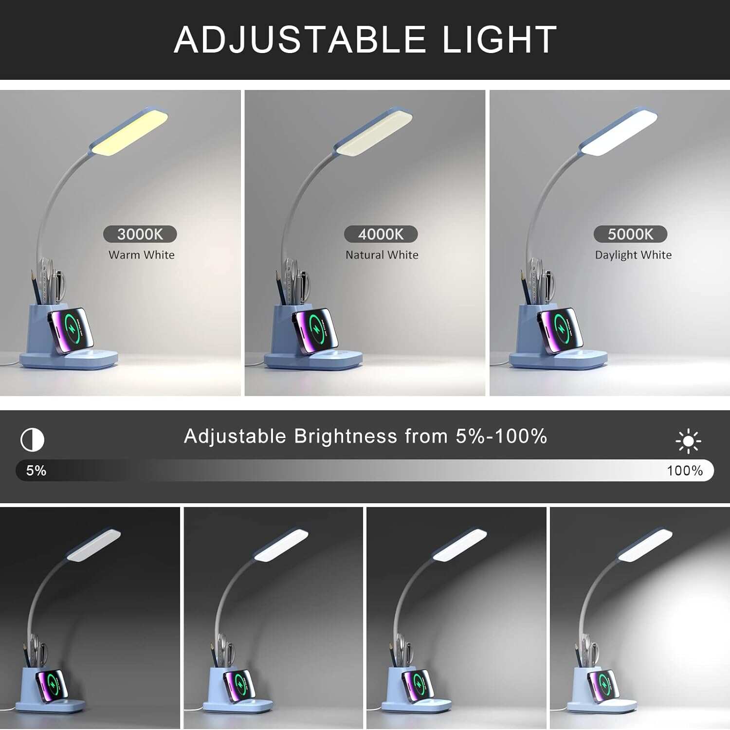 Desk Lamp with Wireless Charger, LED Desk Lamps for Home Office, 800 Lumens, Small Desk Lamp with Pen Holder, Flexible Arm, 3 Modes, Dimming, Touch Lamp for College Dorm Room