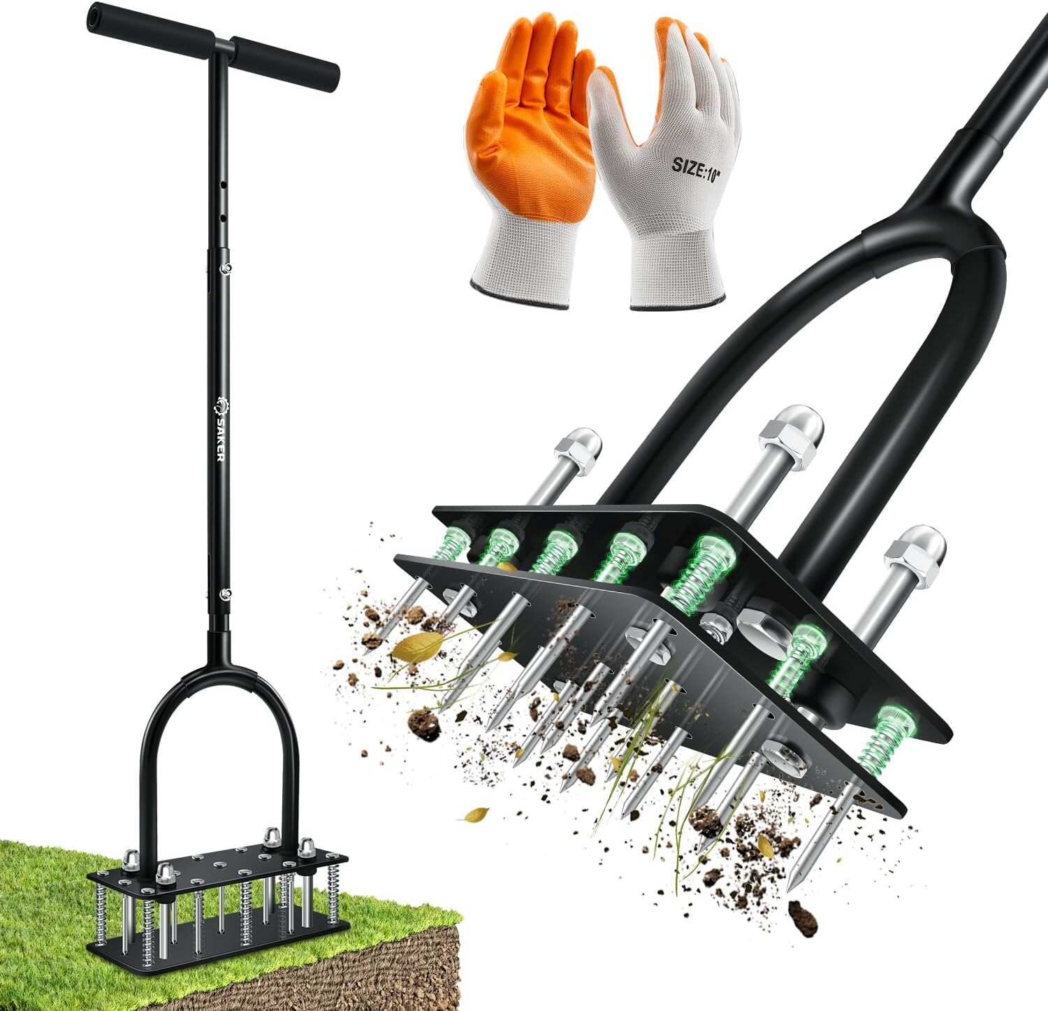 Saker Lawn Aerator Tool, 2026 Upgraded Manual Lawn Aerator with 15-Spike Heavy-Duty Yard Aeration Tool with Spring-Loaded Design, for Loosening Soil Aerating Patio, Yard, Garden Dark Black