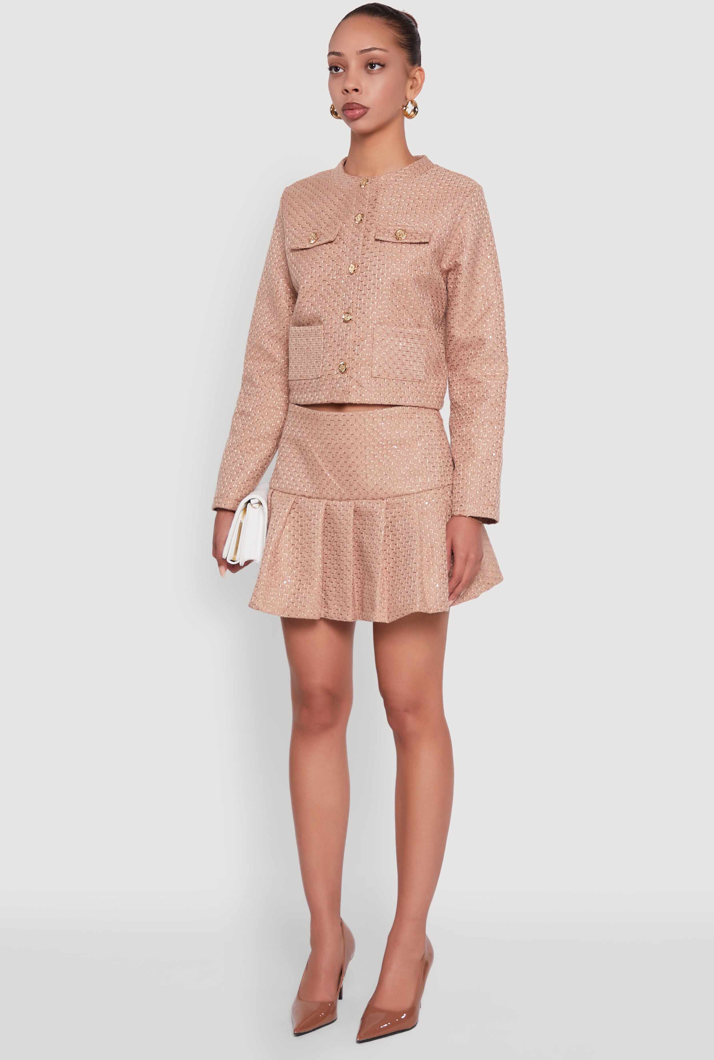 Tweed Flap Pocket Cropped Button Front Blazer
