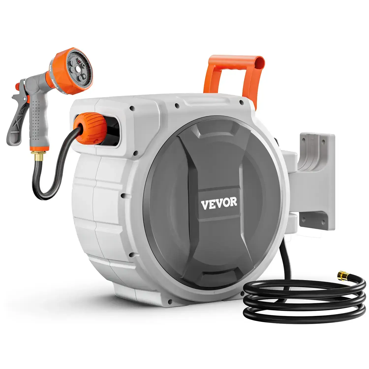 Retractable Garden Hose Reel,  5/8 Inch x 100 ft Wall Mounted, Heavy Duty with 9-Pattern Nozzle, Adjustable Length Lock, Upgraded Slow Return System & 180° Swivel Bracket