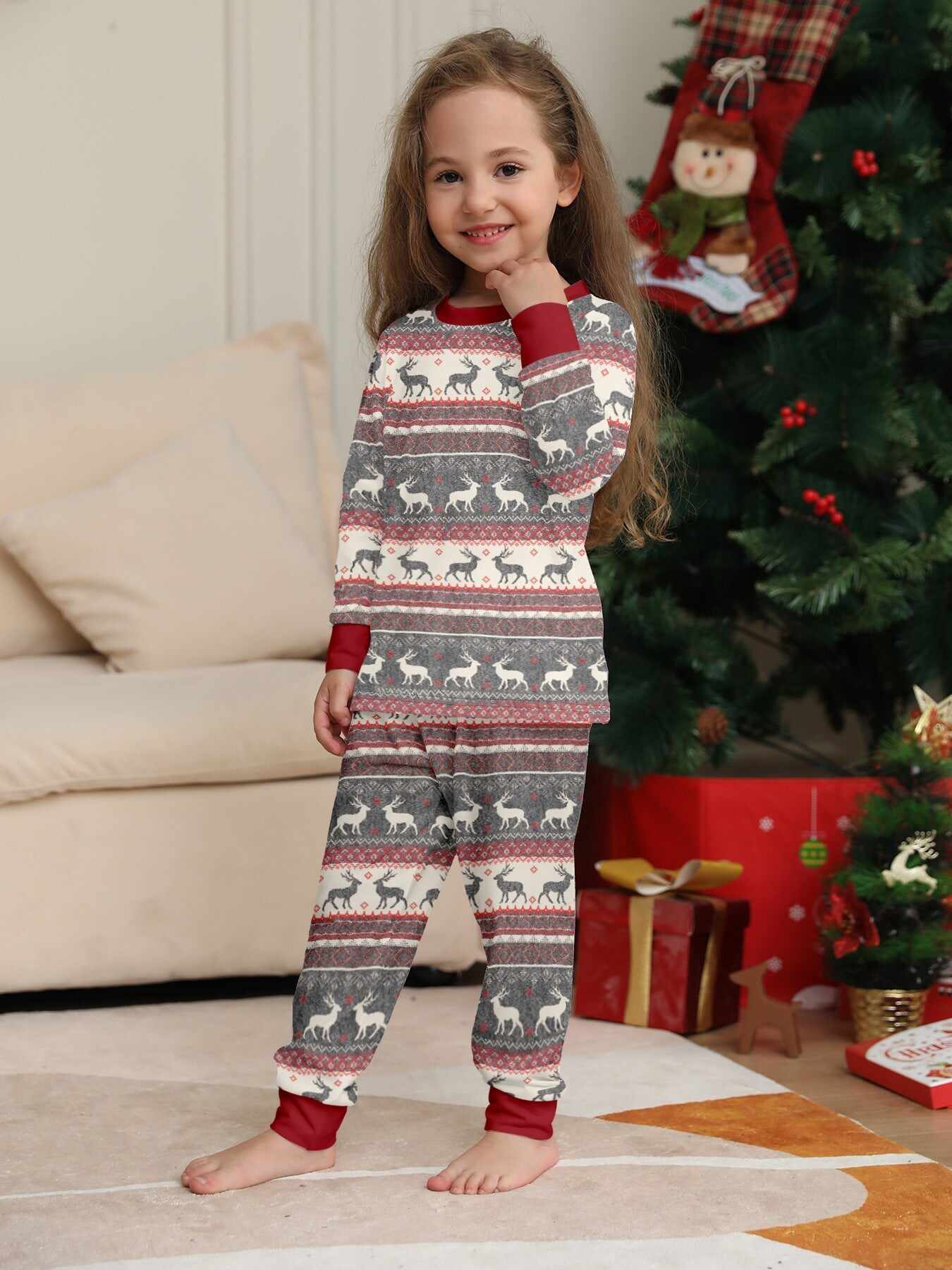 Family Parent-Child Elk Printed Flower Pajama Set