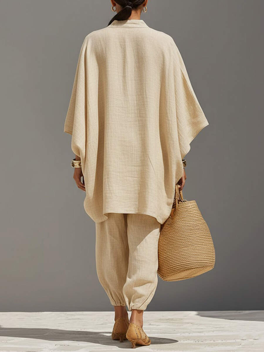 🔥Summer Arrivals🌟Women's Solid Color V-neck Long Sleeve Casual Loose Cotton Linen Top With Elastic Waist And Wide-leg Pants Set