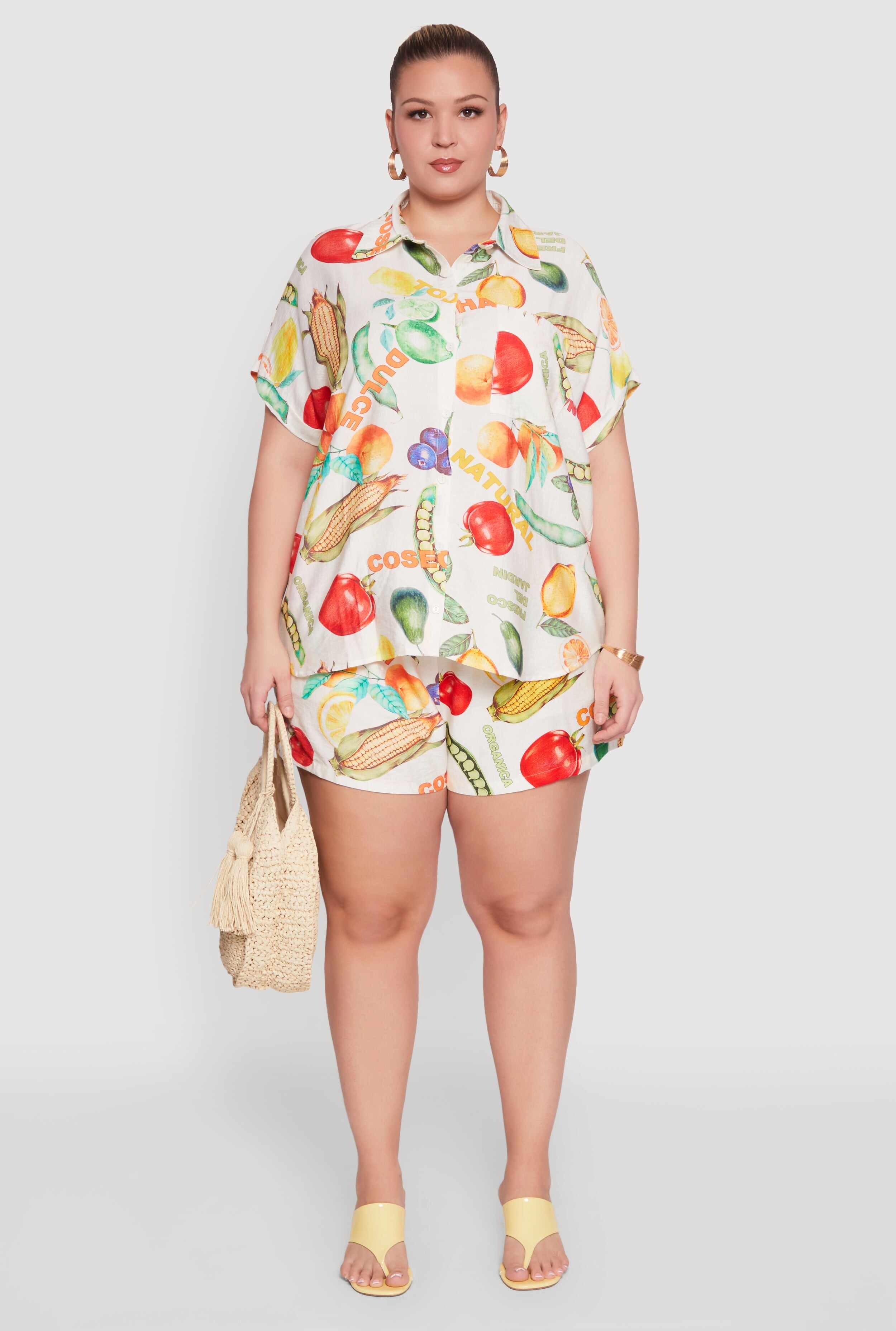 Plus Size Fruit Print Button Front Short Sleeve Shirt