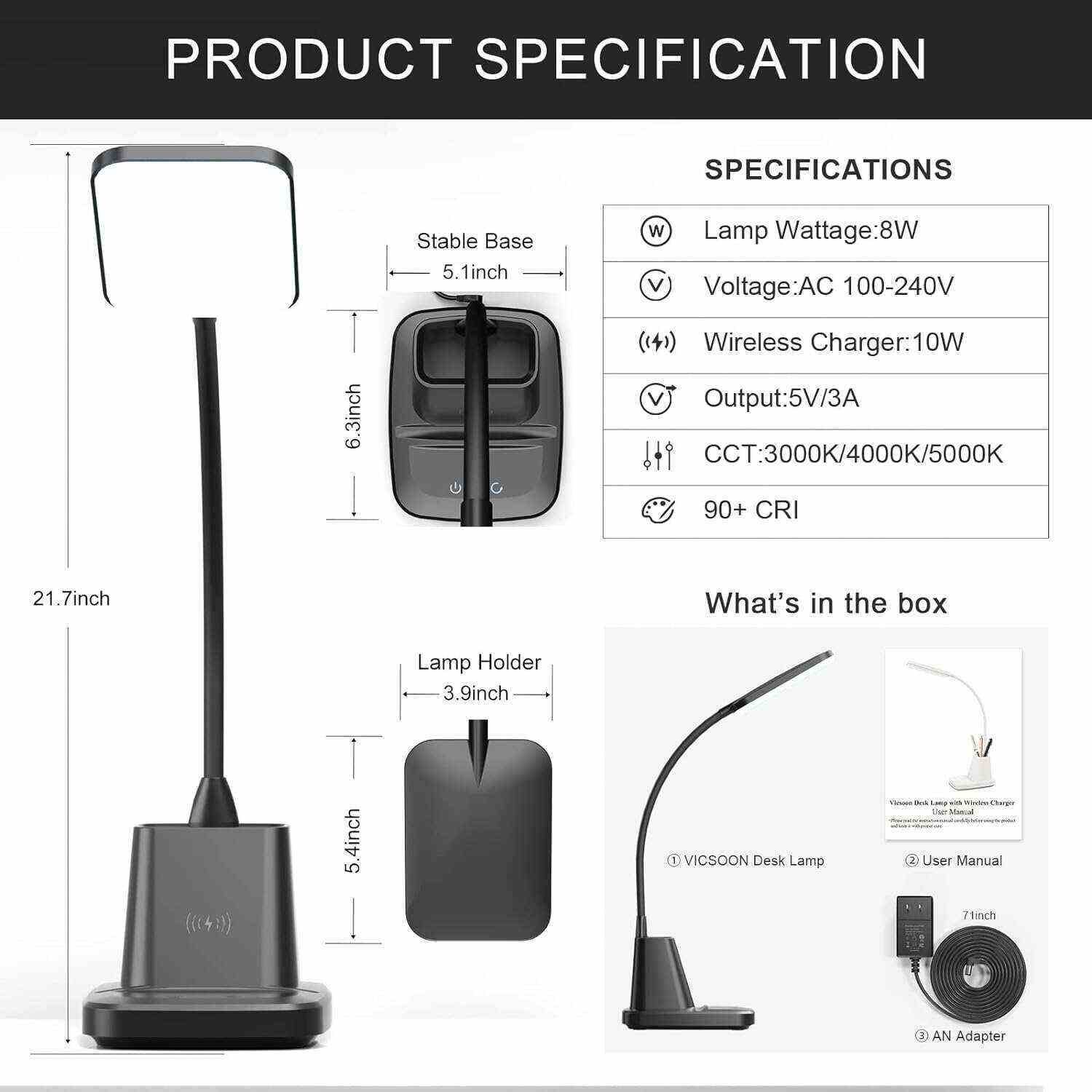 Desk Lamp with Wireless Charger, LED Desk Lamps for Home Office, 800 Lumens, Small Desk Lamp with Pen Holder, Flexible Arm, 3 Modes, Dimming, Touch Lamp for College Dorm Room