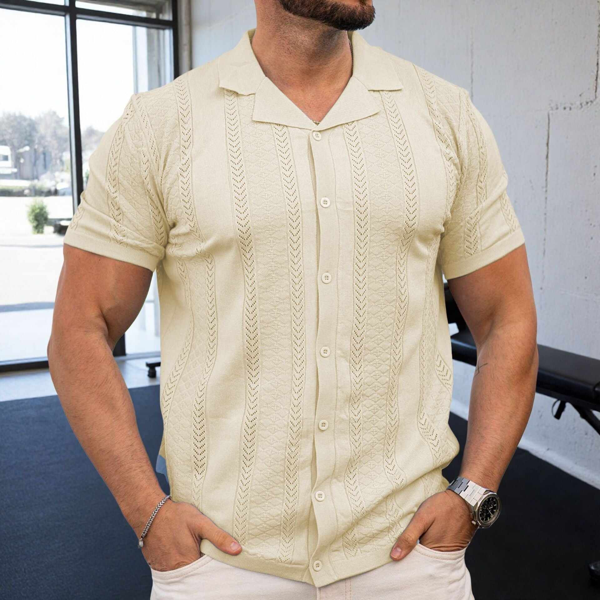 Short Sleeve Men's Fashion Striped Hollow Shirt