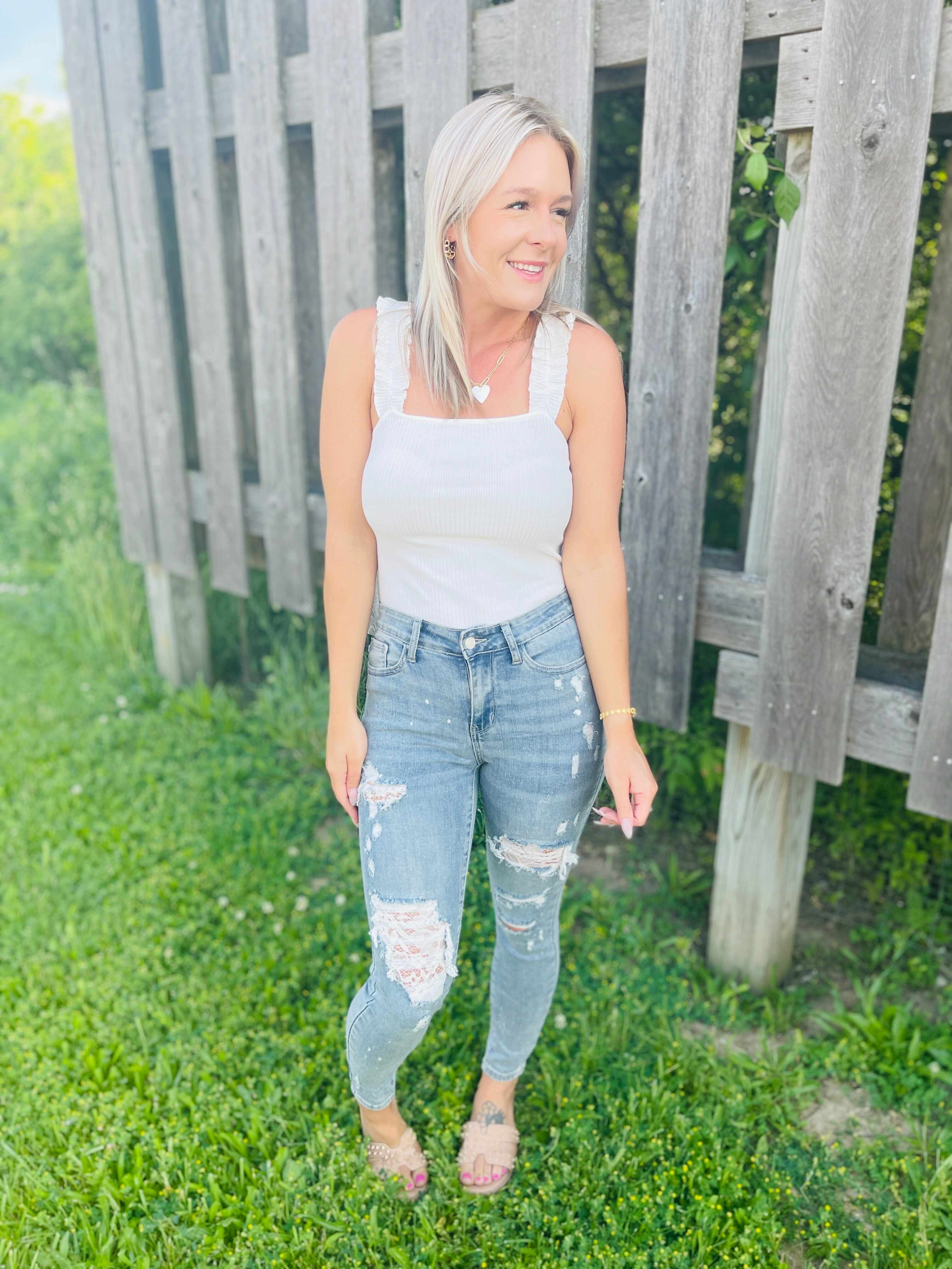 PLUS/REG All Laced Up Lace Patch Skinny Jeans