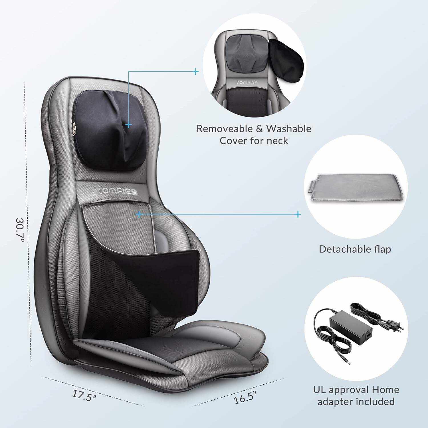 COMFIER Shiatsu Neck Back Massager with Heat and Compression, App Control 2D or 3D Deep Tissue Kneading Massage Chair Pad, Chair Massager for Full Body Pain Relief, Ideal Gifts,Grey