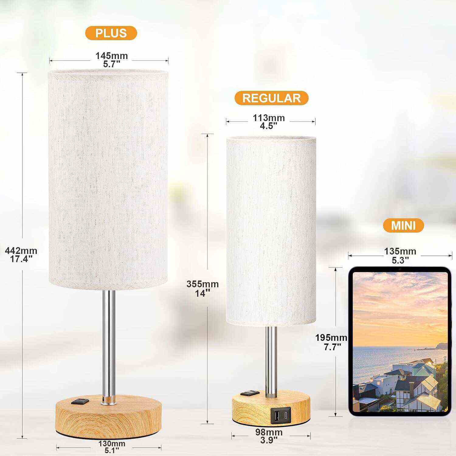 Bedside Table Lamp for Bedroom - 3 Way Dimmable Touch Lamp USB C Charging Ports and AC Outlet, Small Lamp Wood Base Round Flaxen Fabric Shade for Living Room, Desk, LED Bulb Included