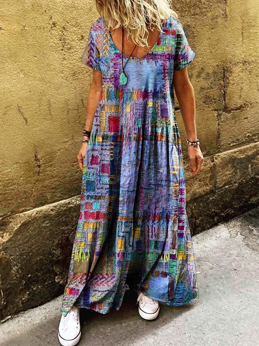 Women's Vintage Boho Patchwork Art Print Pocket Short Sleeve Cotton Dress