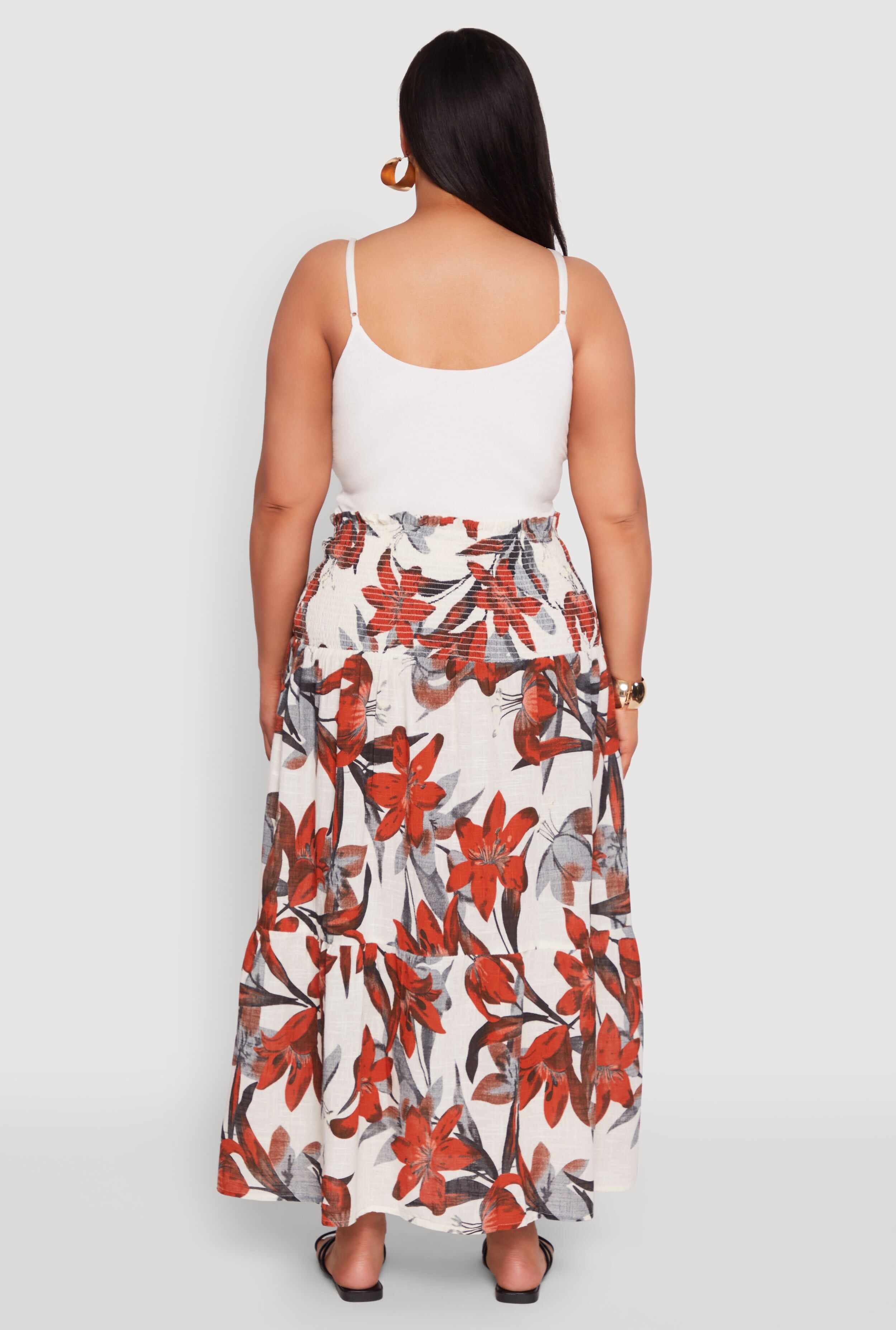 Plus Size Floral Print Smocked Tiered Midi Dress