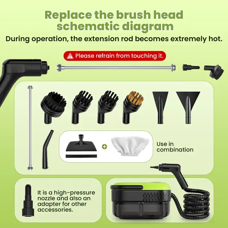 Household and car steam cleaner, 1500W power, 3-Level Adjustable, 1.4L large-capacity water tank, comes with 15 accessories, handheld steam cleaner, suitable for fine cleaning of cars, kitchen grease, tile grout cleaning, and furniture cleaning.