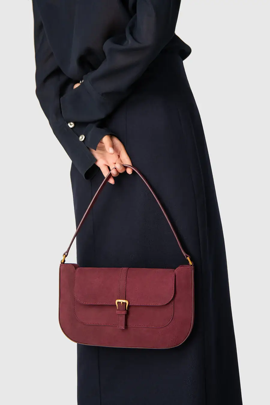 Black Semi Patent Leather Shoulder Bag