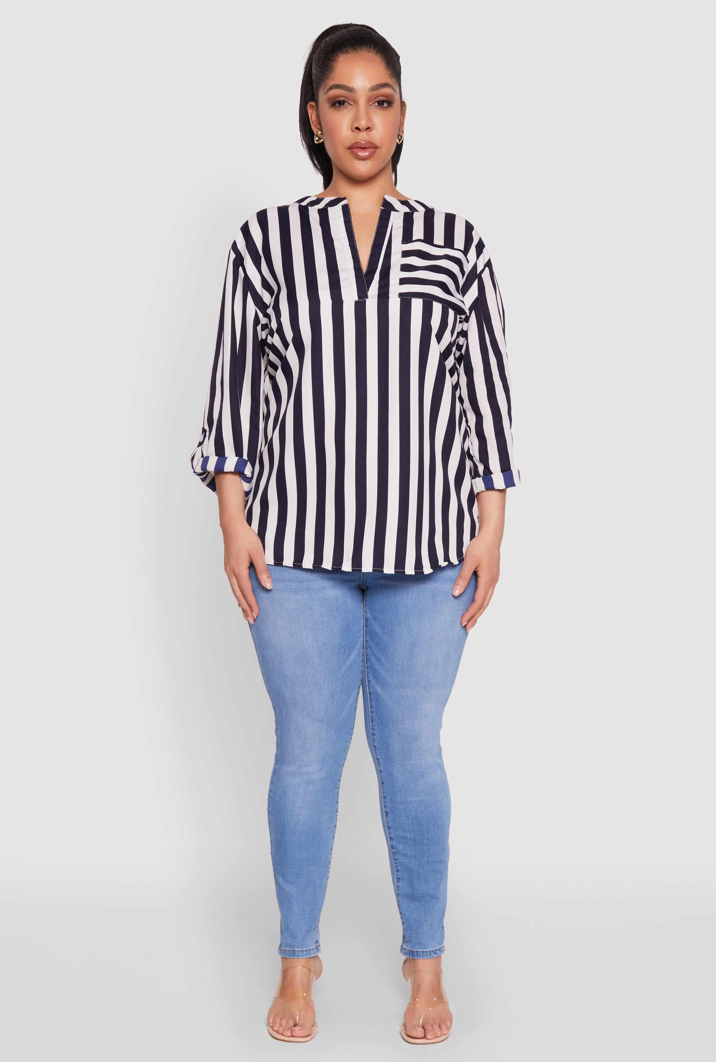 Plus Size Striped Notch Neck Blouse