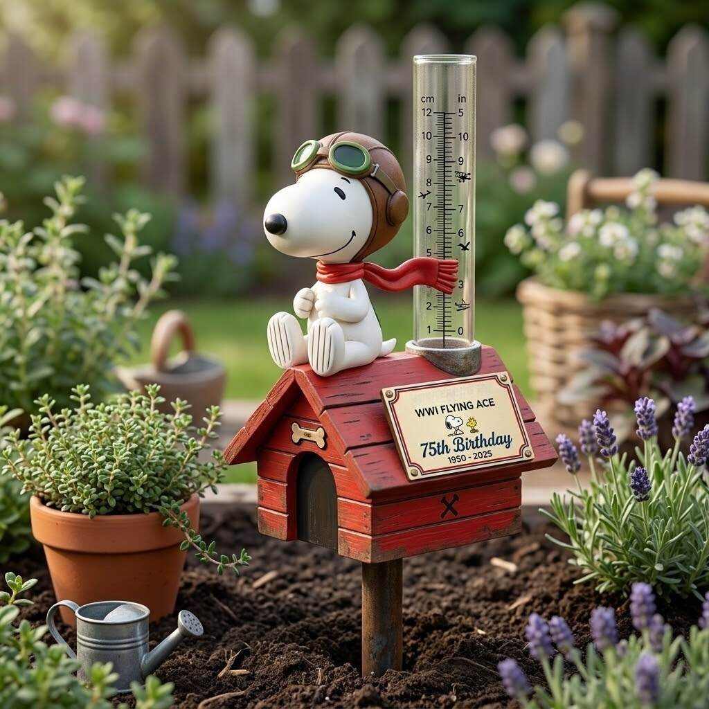 Snoopy 75th Birthday Rain Gauge Garden Stake