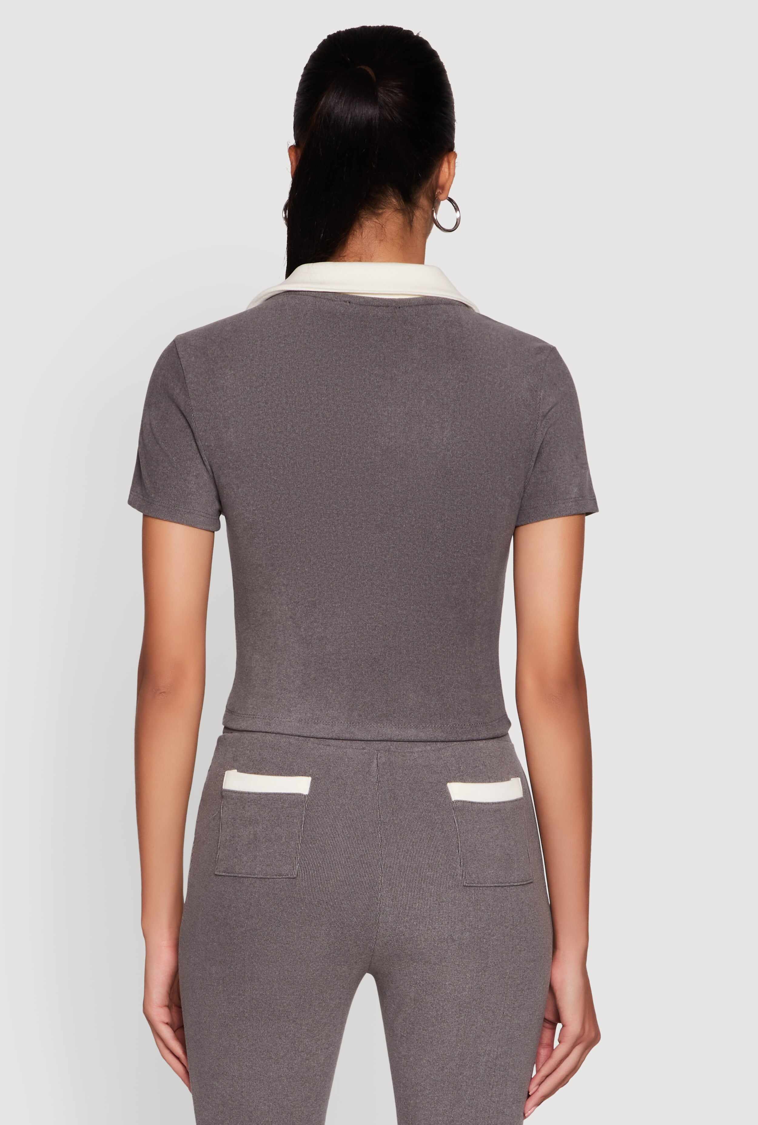 Brushed Knit Contrast Trim Cropped Polo Shirt