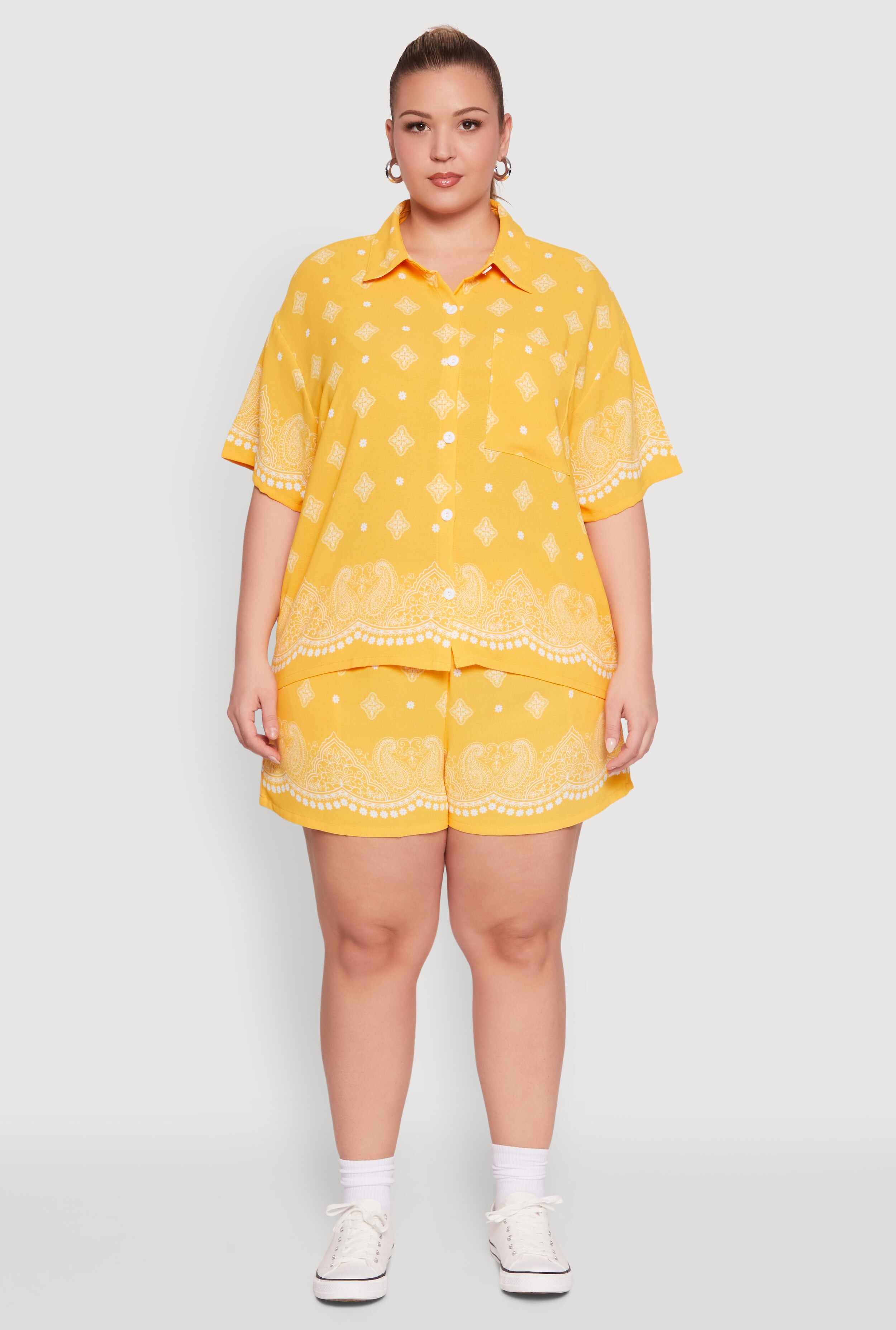 Plus Size Crepe Knit Bandana Print Oversized Shirt