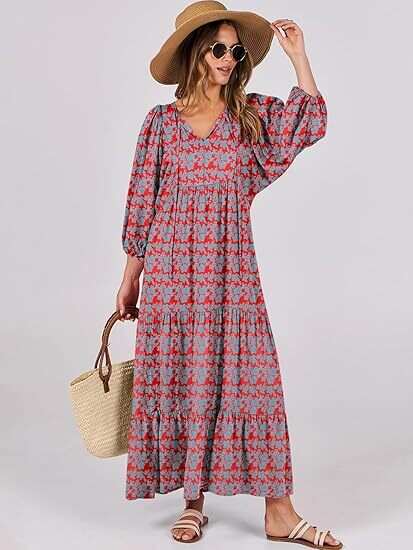 🔥2025 CRAZY DEAL🔥Summer V Neck Puff Sleeve Floral Flowy Swing Casual Long Dress