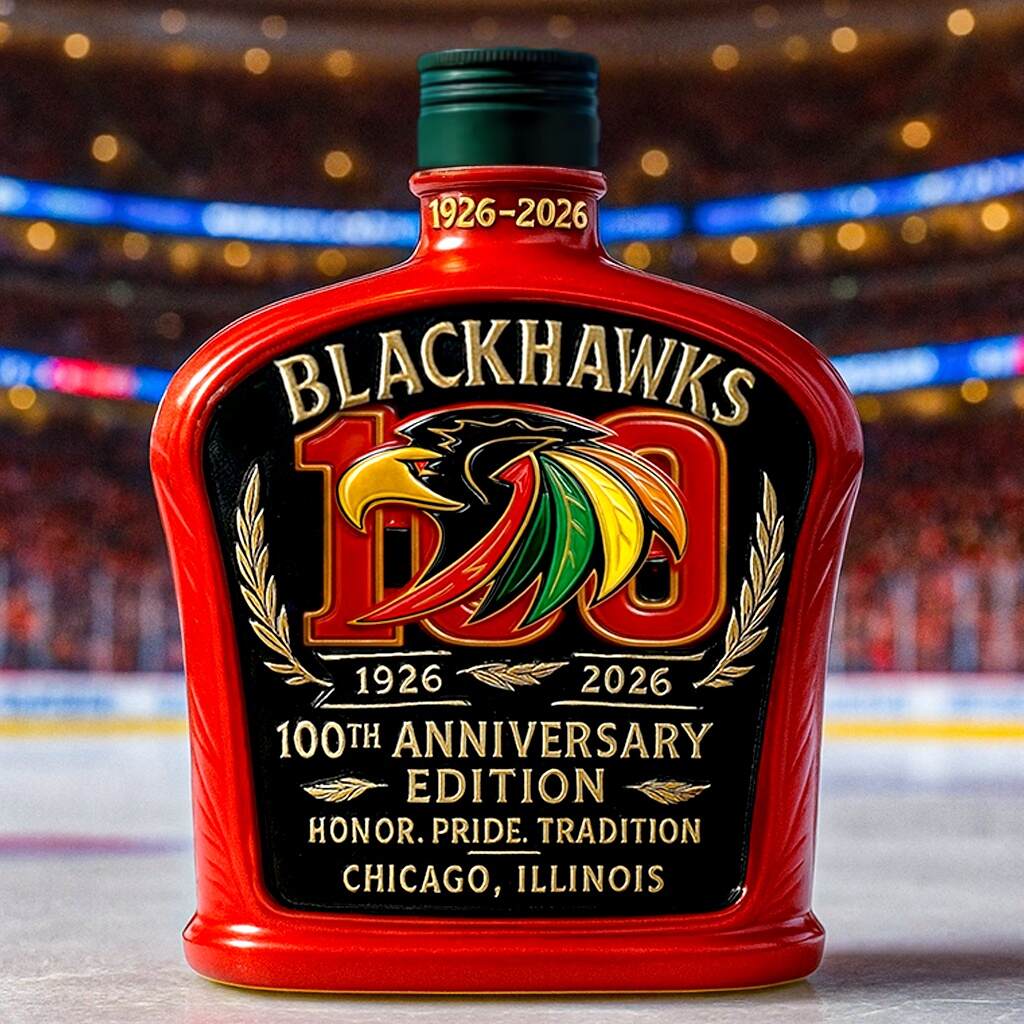 Blackhawks 100th Anniversary Whiskey Bottle