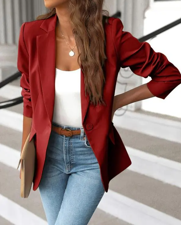 Women's Minimalist Solid Button Lapel Collar Blazer