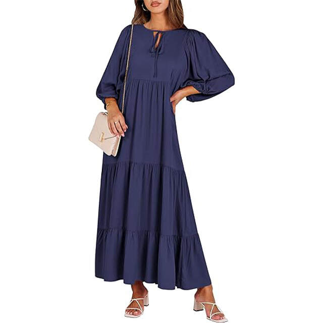 🔥2025 CRAZY DEAL🔥Summer V Neck Puff Sleeve Floral Flowy Swing Casual Long Dress