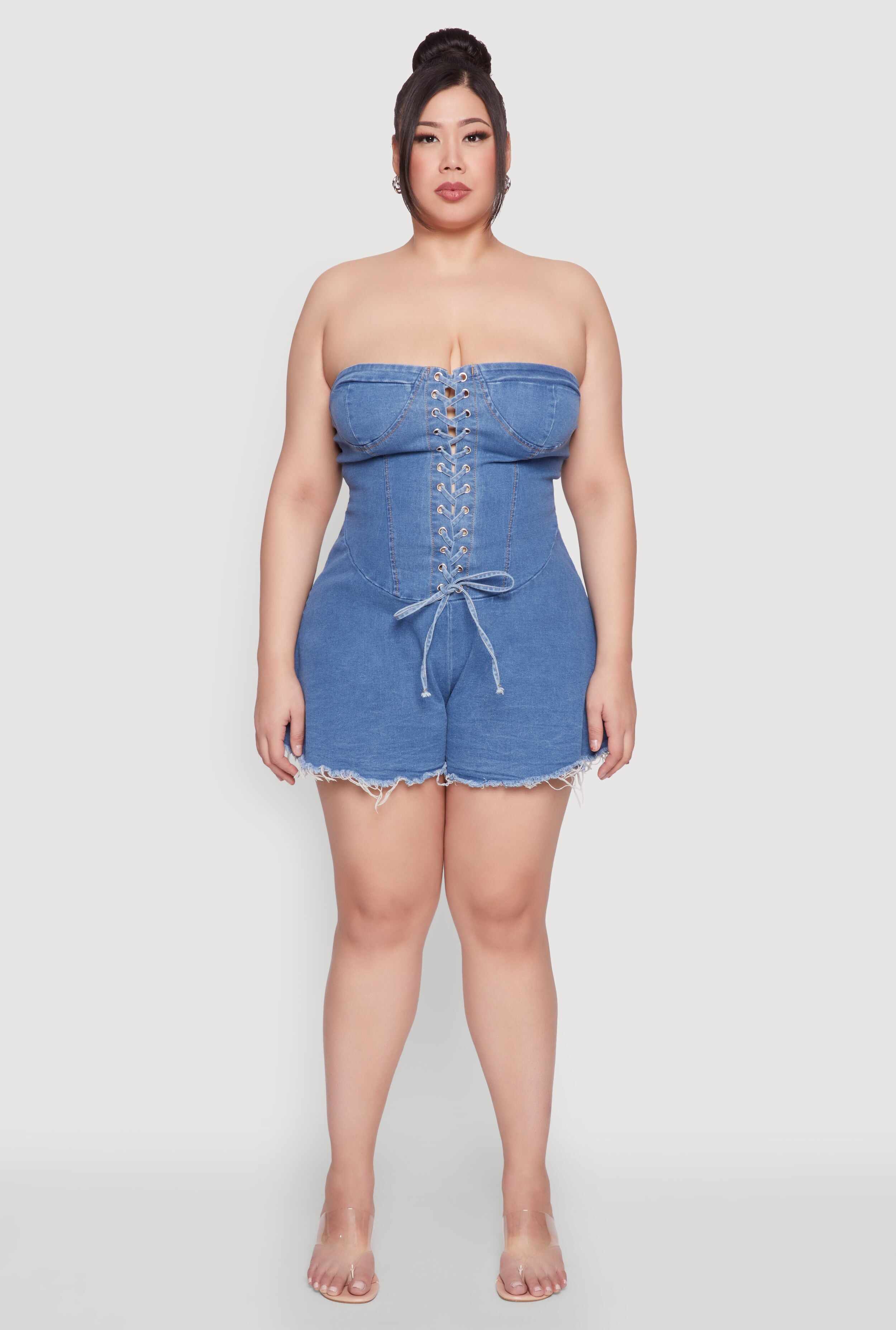 Plus Size Daisy Strapless Lace Up Denim Romper