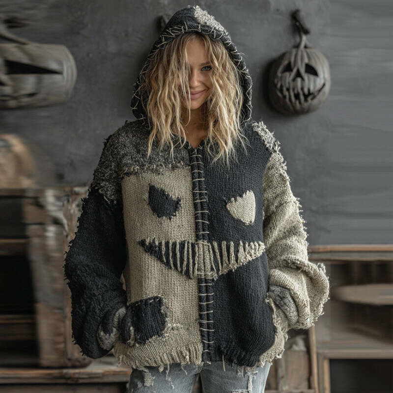Halloween Pumpkin Face Patchwork Knitted Hooded Sweater