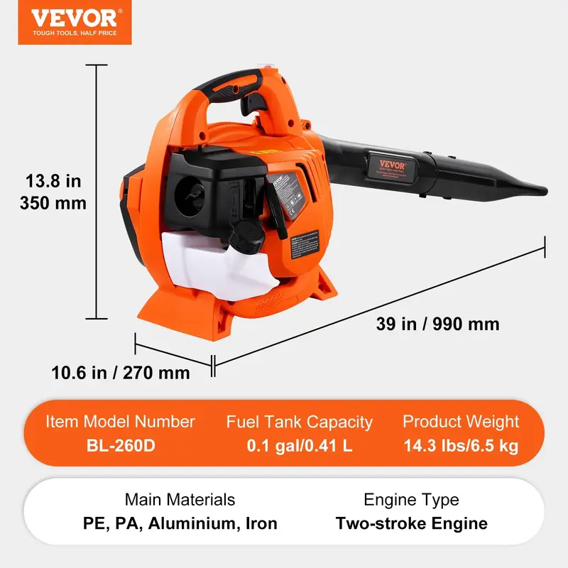 79cc 2-Cycle Gas Powered Backpack Leaf Blower, 3L Fuel Tank, 184MPH High Speed, Ideal for Lawn Care, Leaf Cleaning and Snow Removal