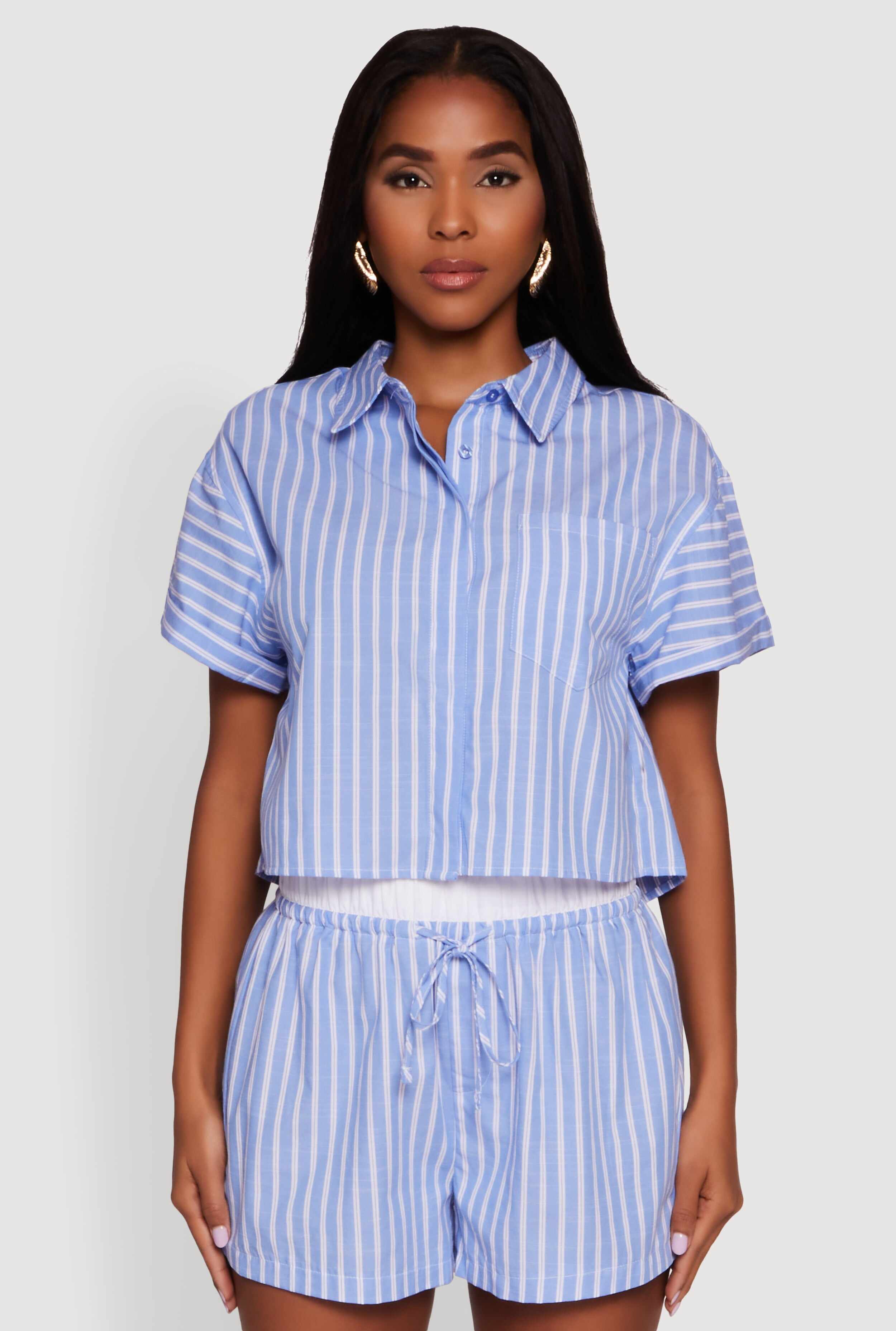 Iris Striped Boxy Button Front Cropped Shirt