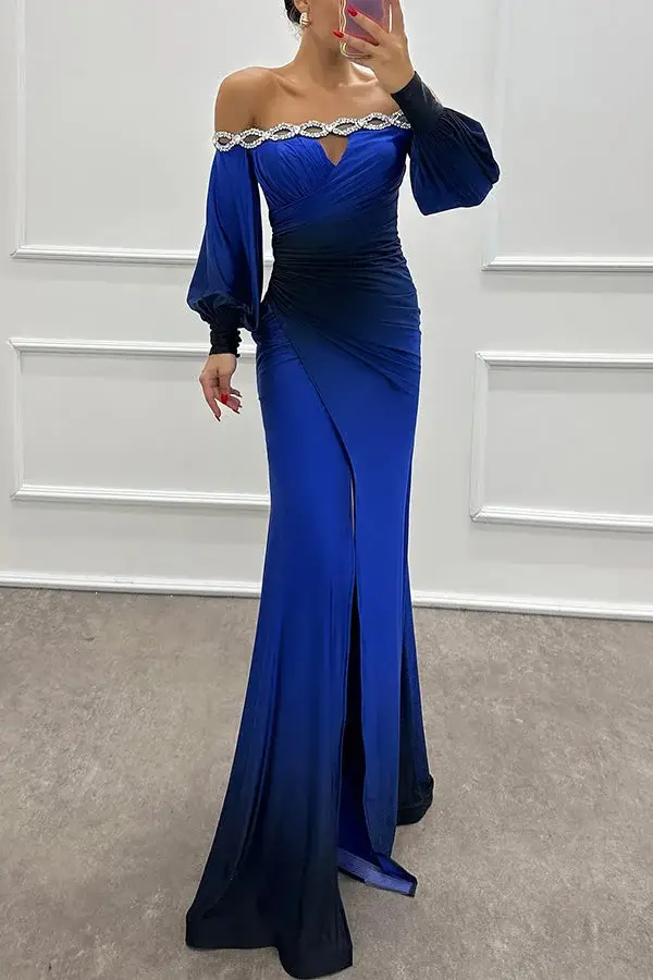 Gradient print boat neck off-shoulder long dress