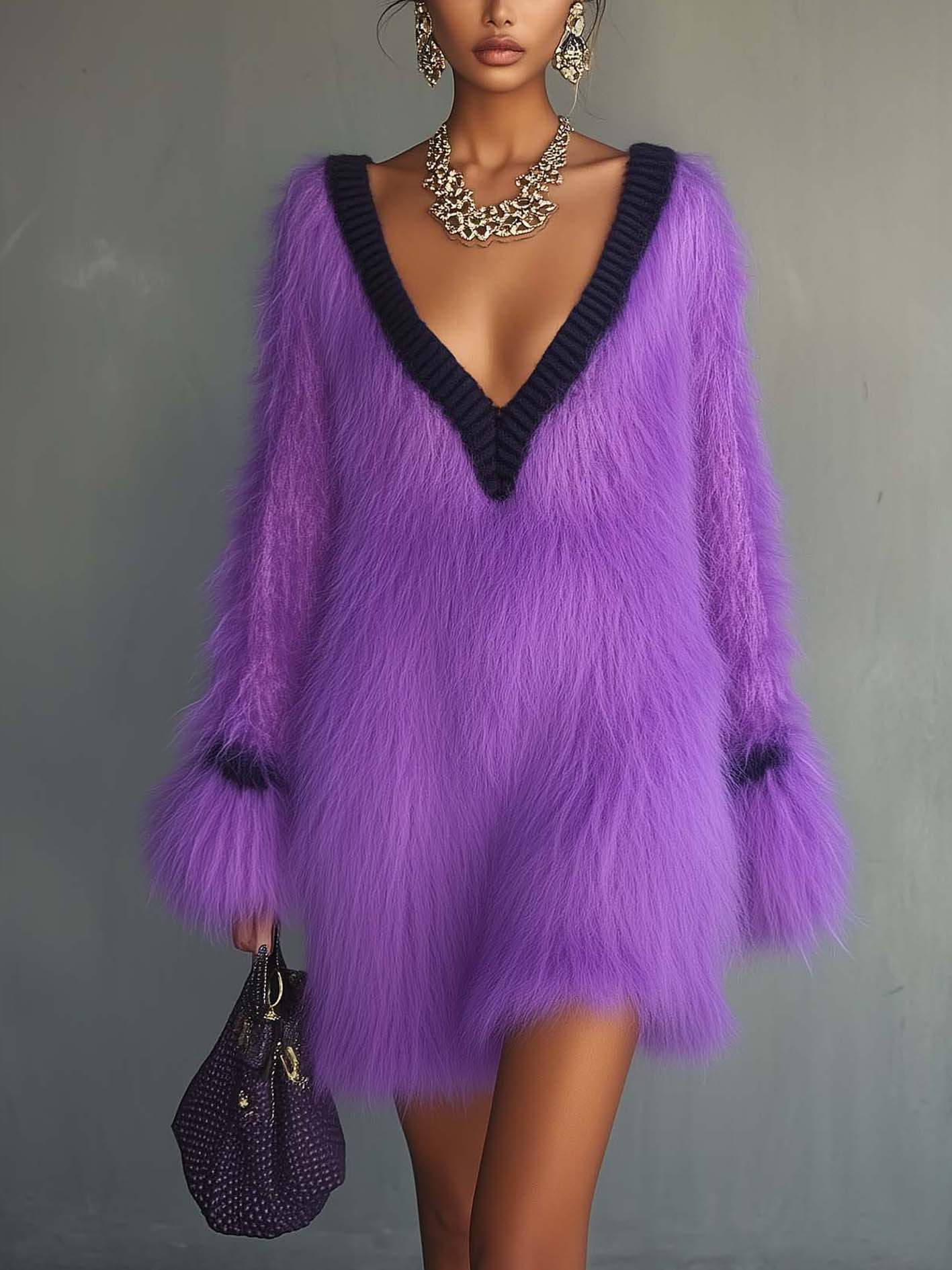 Fuzzy Purple Knit Mini Dress With Black Trim
