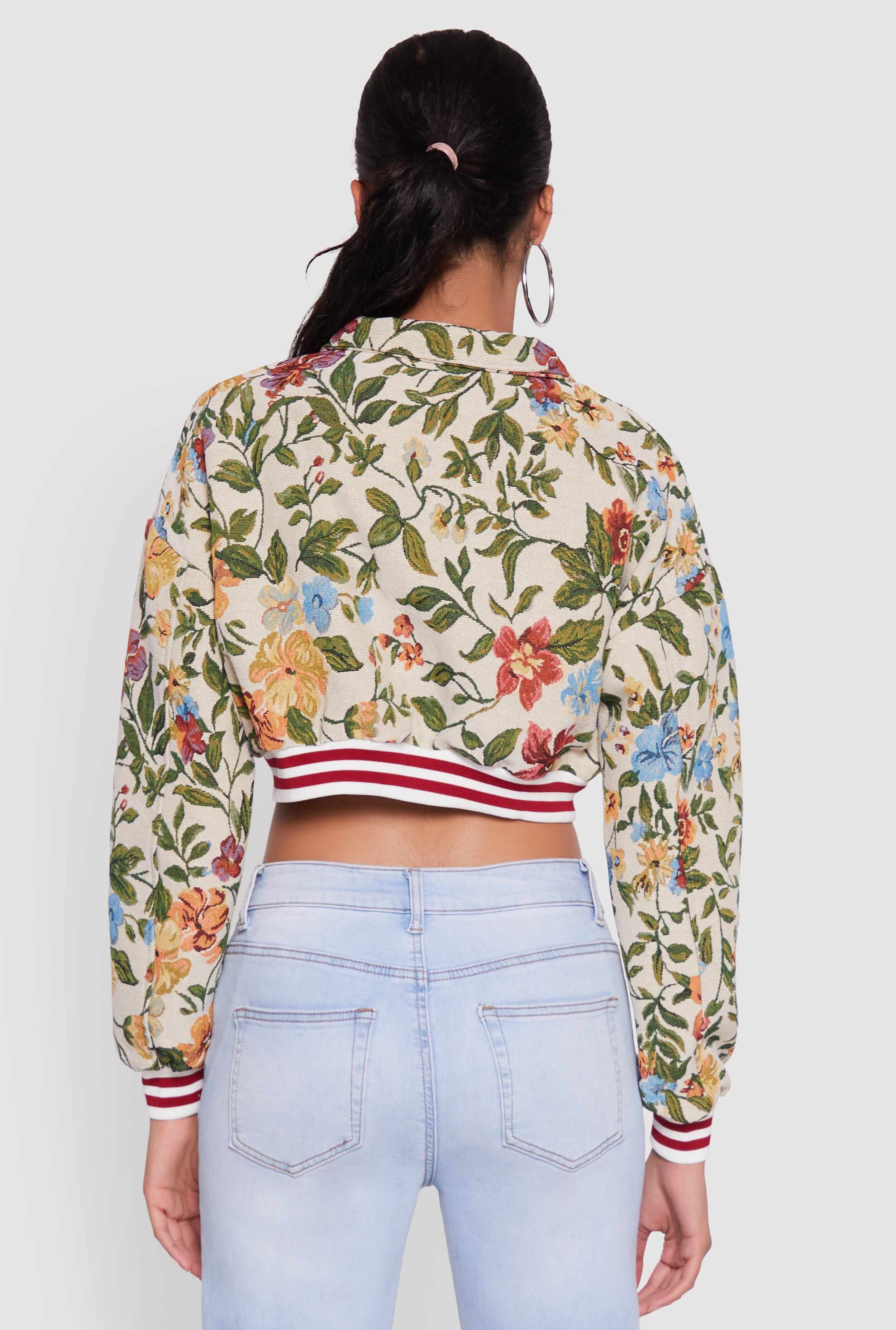 Floral Embroidered Jacquard Jacket with Varsity Stripes