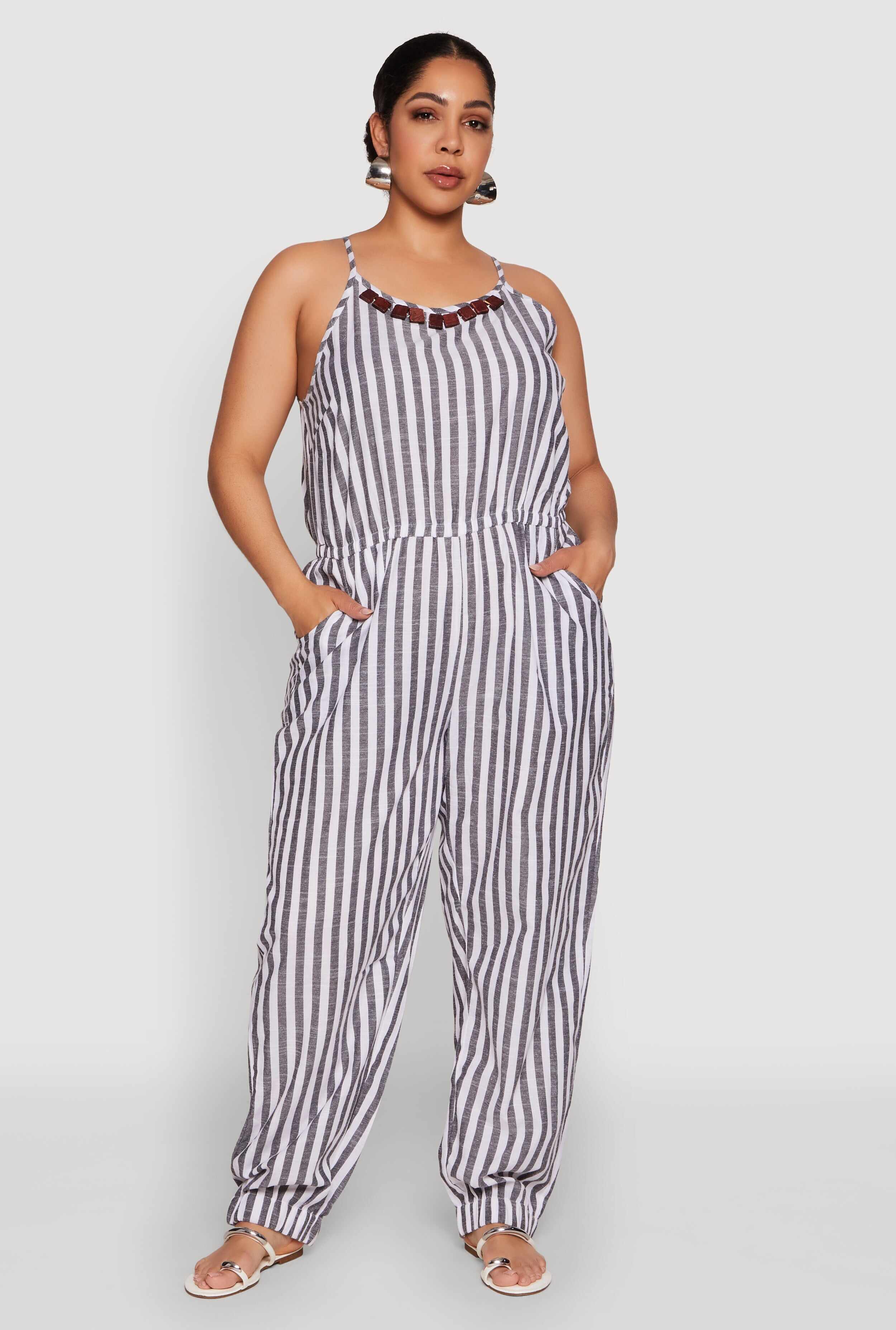 Plus Size Wooden Beaded Detail Striped Jumpsuit