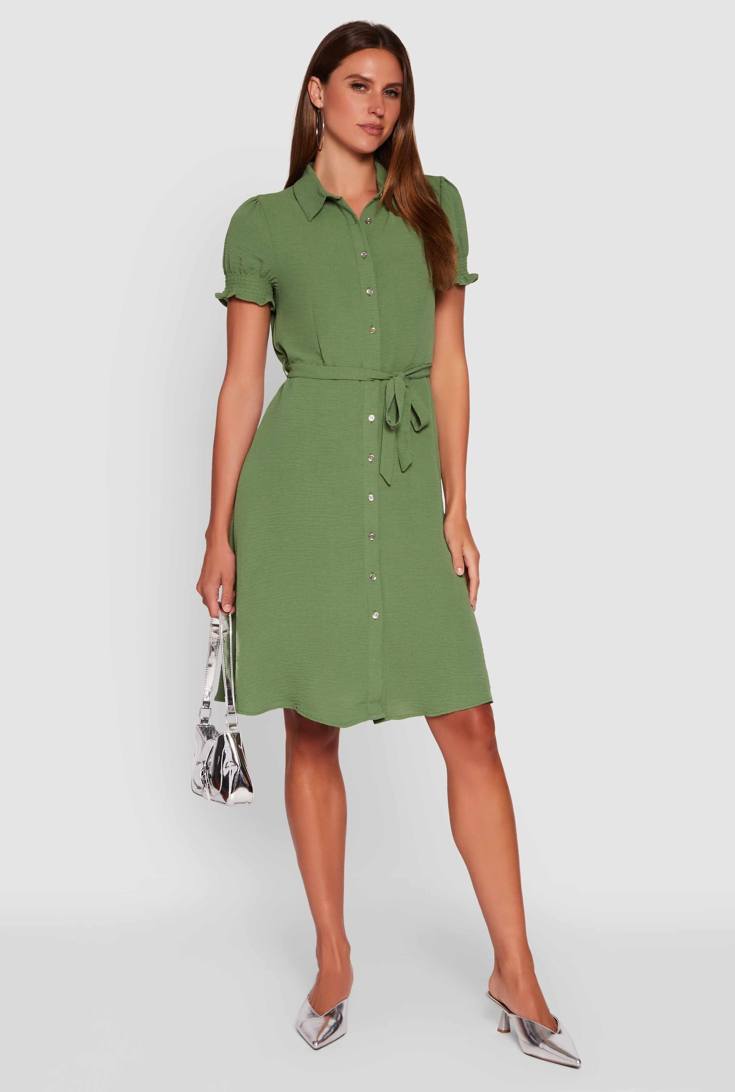 Crepe Knit Puff Sleeve Shirt Dress