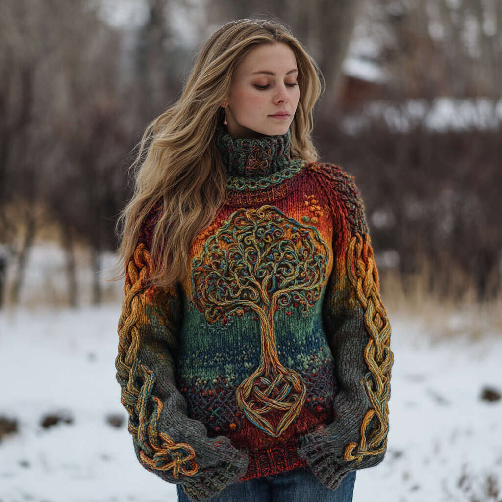 Vintage Tree Of Life Colorful Cozy Chunky Sweater