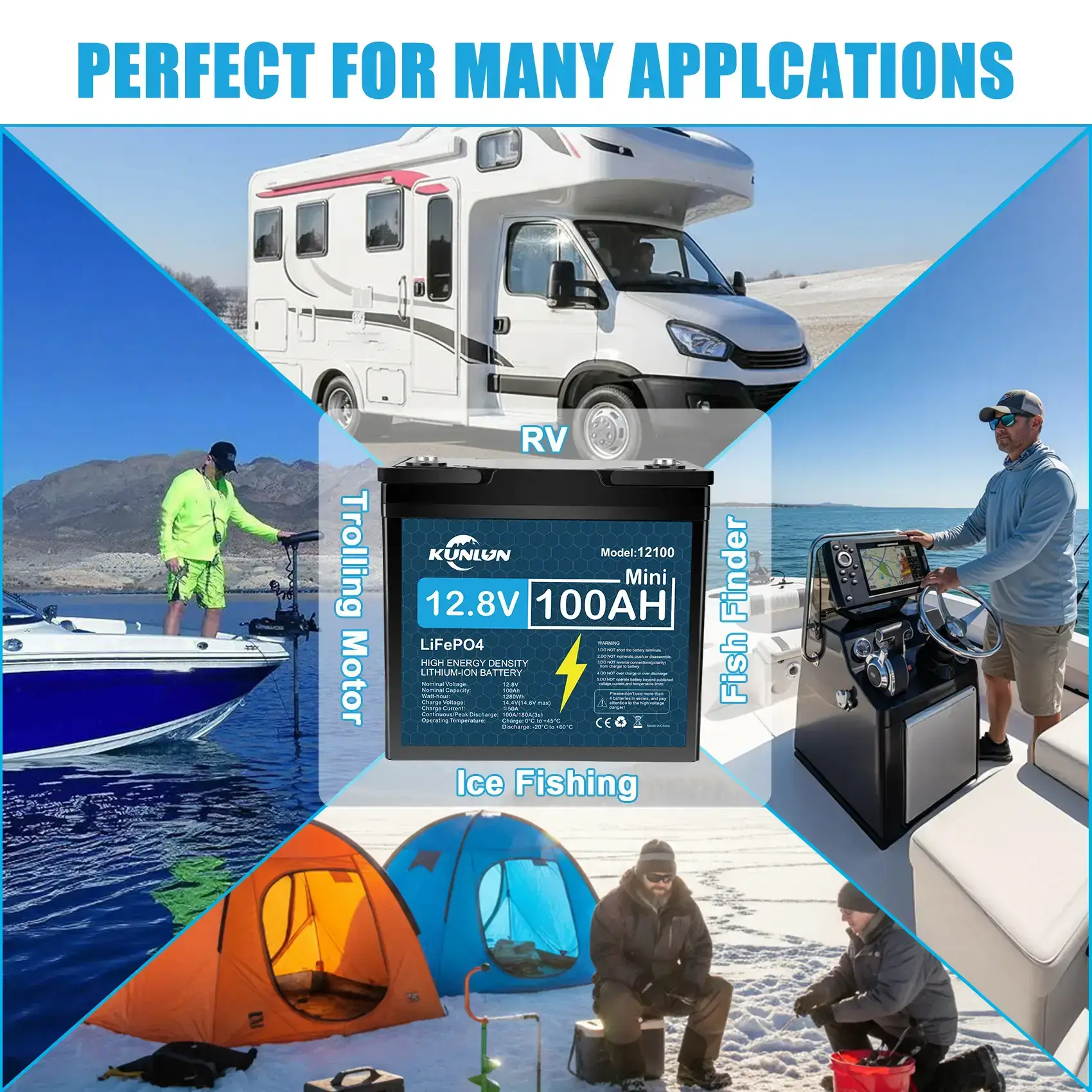 12V 100Ah LiFePO4 High Capacity Battery Model 12100 - 100A Smart BMS, 5000+ Cycles, 1280Wh Energy, Maintenance-Free Rechargeable Outdoor Emergency Power Station for RV, Off-Grid Solar, Marine Trolling Motors