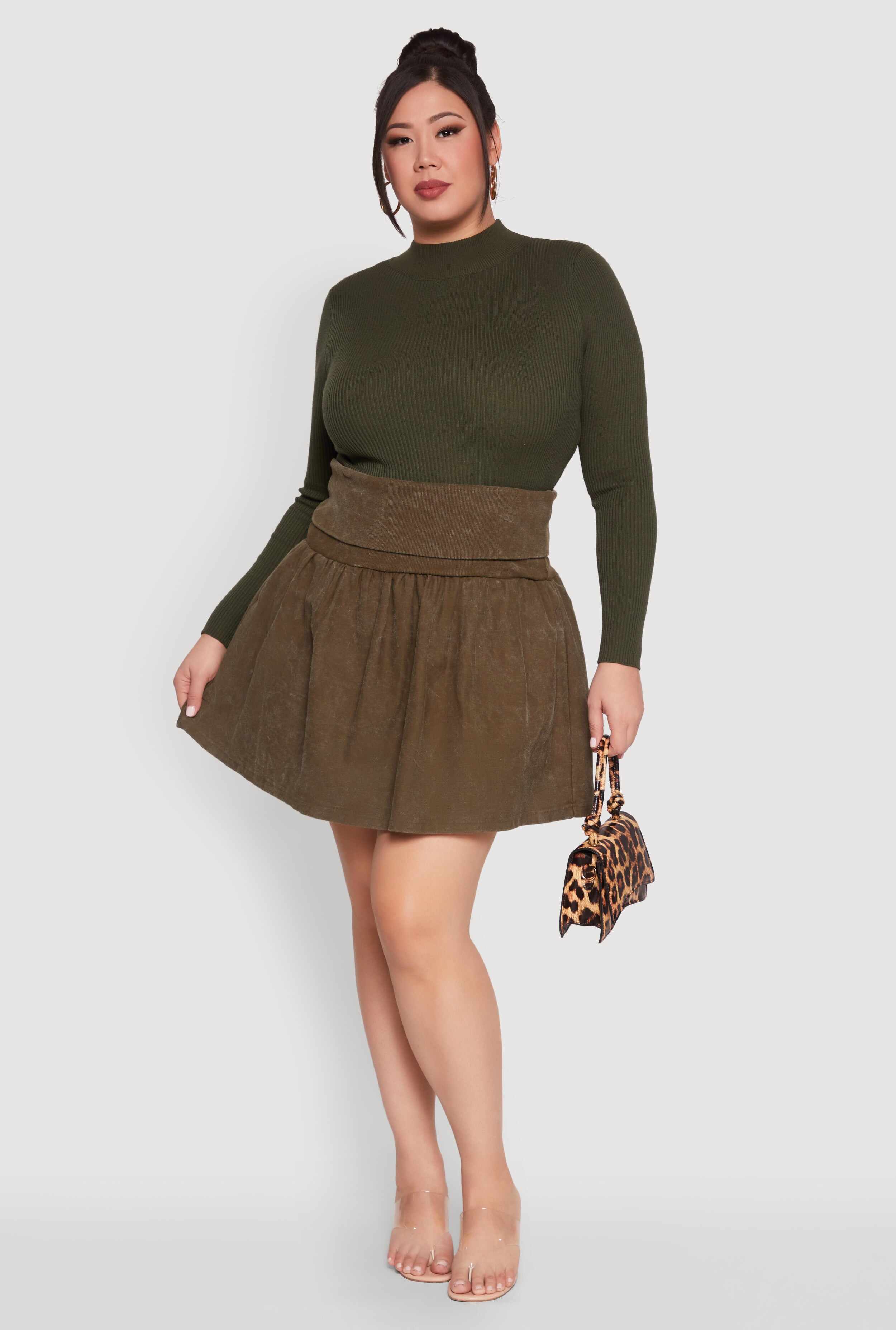 Plus Size Mineral Wash Fold Over Waist Skirt