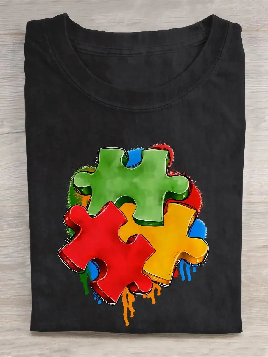 Autism Puzzle Piece Autism Awareness Casual Print T-shirt